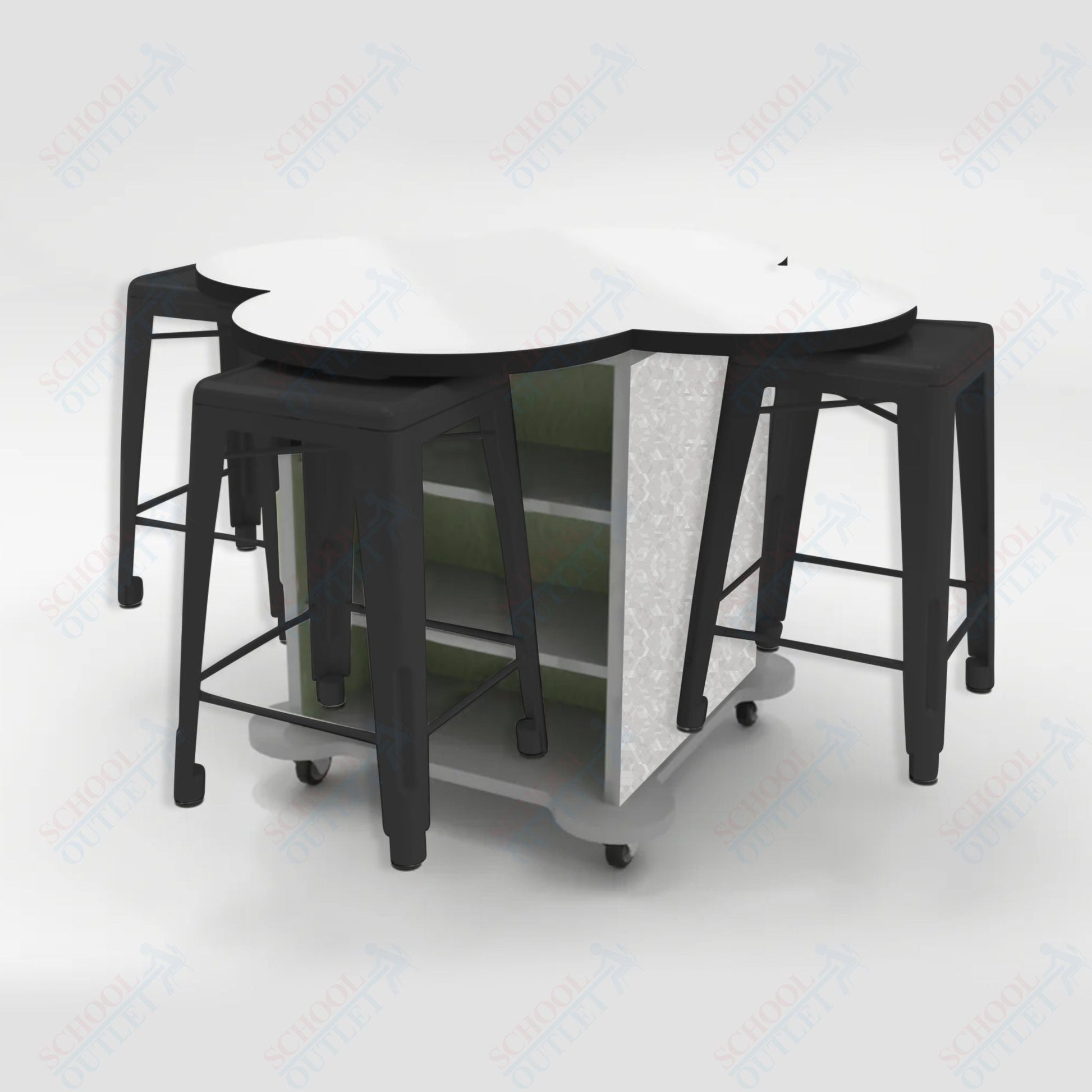 CEF Creation Cube Double - Sided Storage Table - 34"H, White Dry Erase Clover Top, High - Pressure Laminate Base and 4 Metal Stools Included - SchoolOutlet