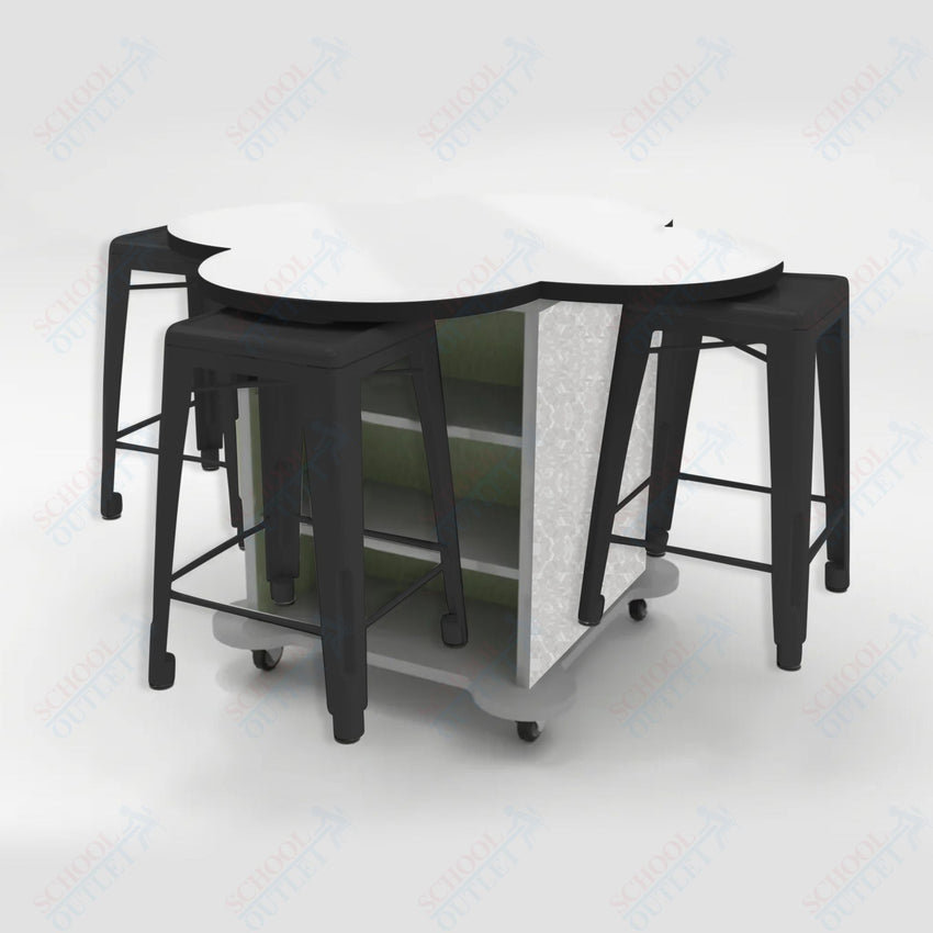 CEF Creation Cube Double - Sided Storage Table - 34"H, White Dry Erase Clover Top, High - Pressure Laminate Base and 4 Metal Stools Included - SchoolOutlet