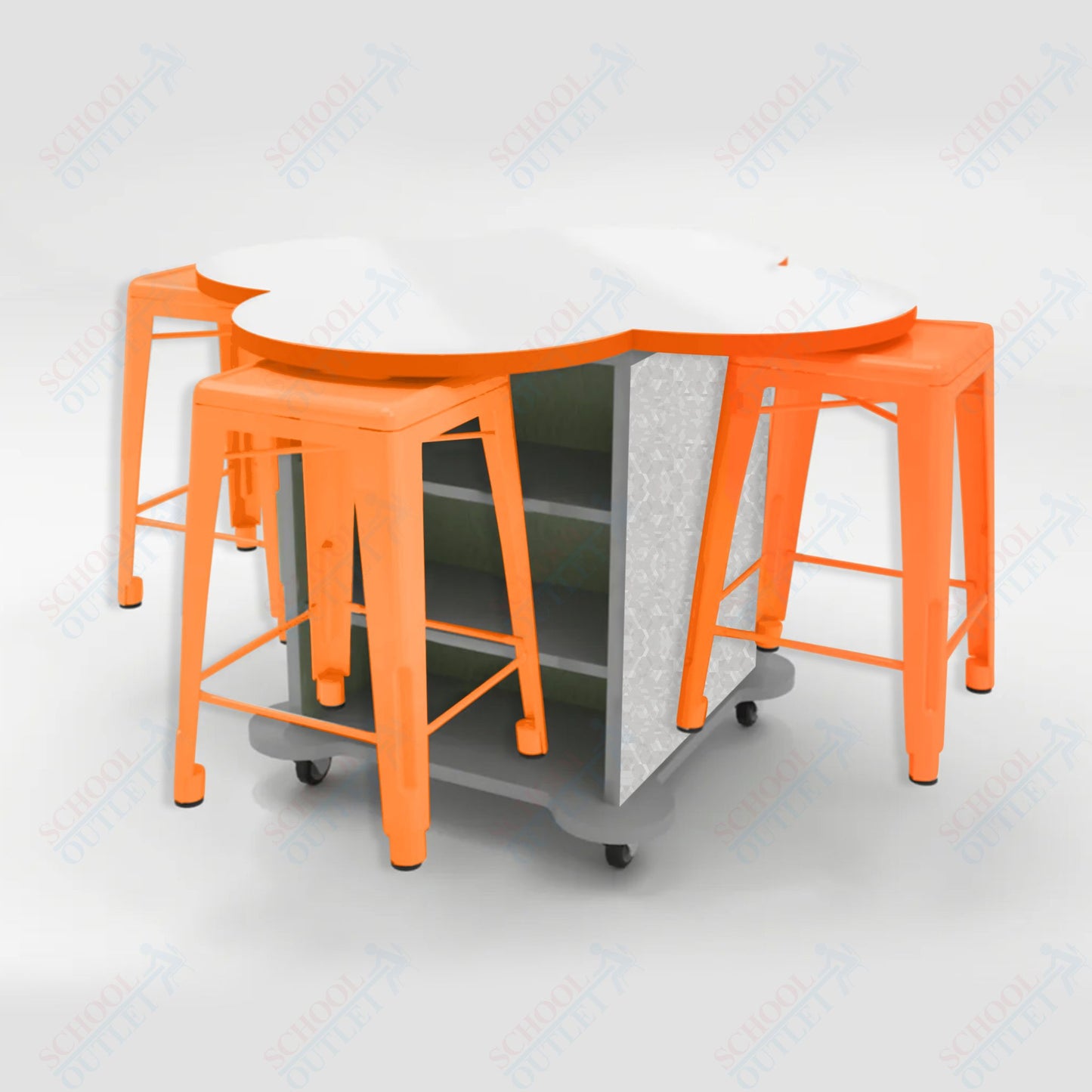 CEF Creation Cube Double - Sided Storage Table - 34"H, White Dry Erase Clover Top, High - Pressure Laminate Base and 4 Metal Stools Included - SchoolOutlet