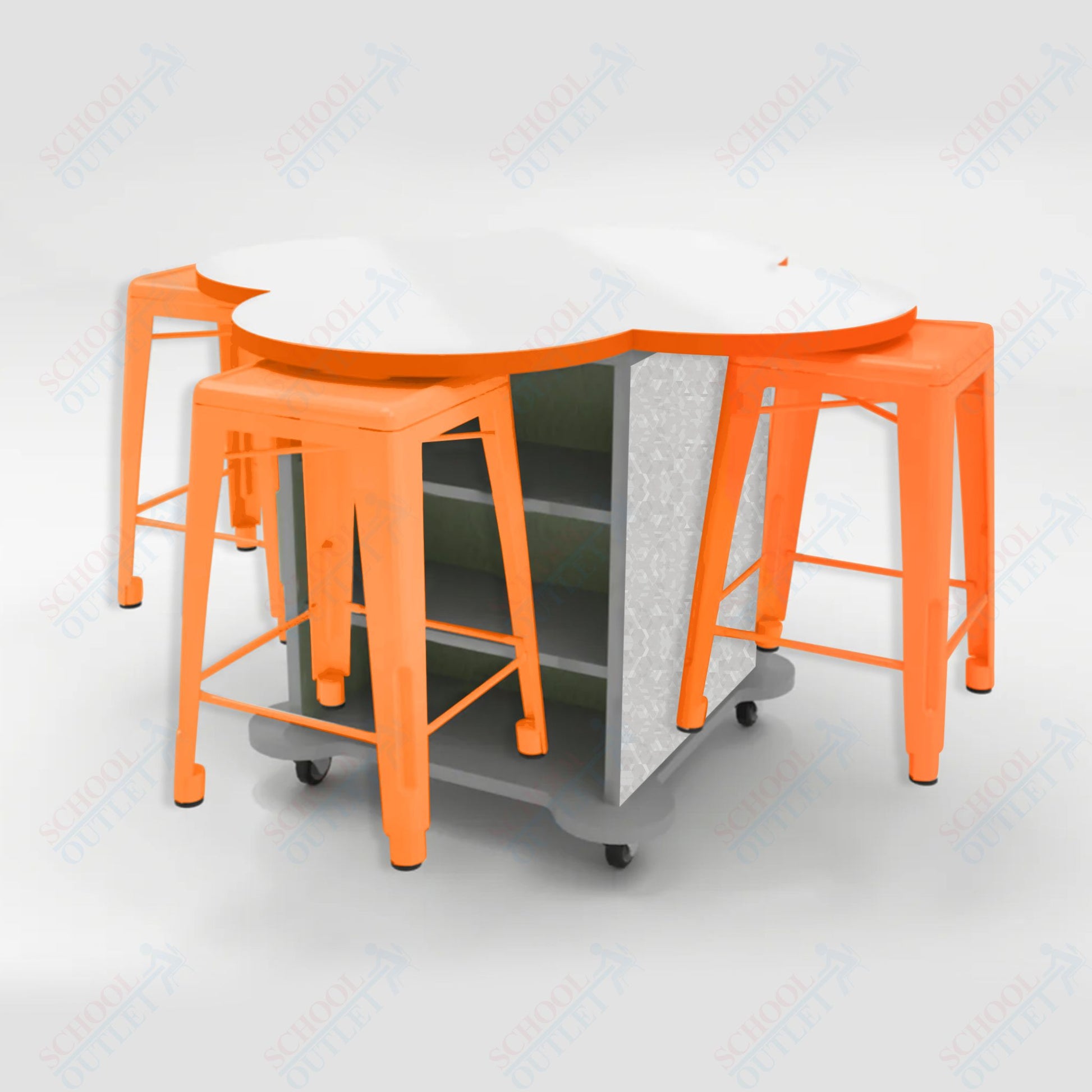 CEF Creation Cube Double - Sided Storage Table - 34"H, White Dry Erase Clover Top, High - Pressure Laminate Base and 4 Metal Stools Included - SchoolOutlet