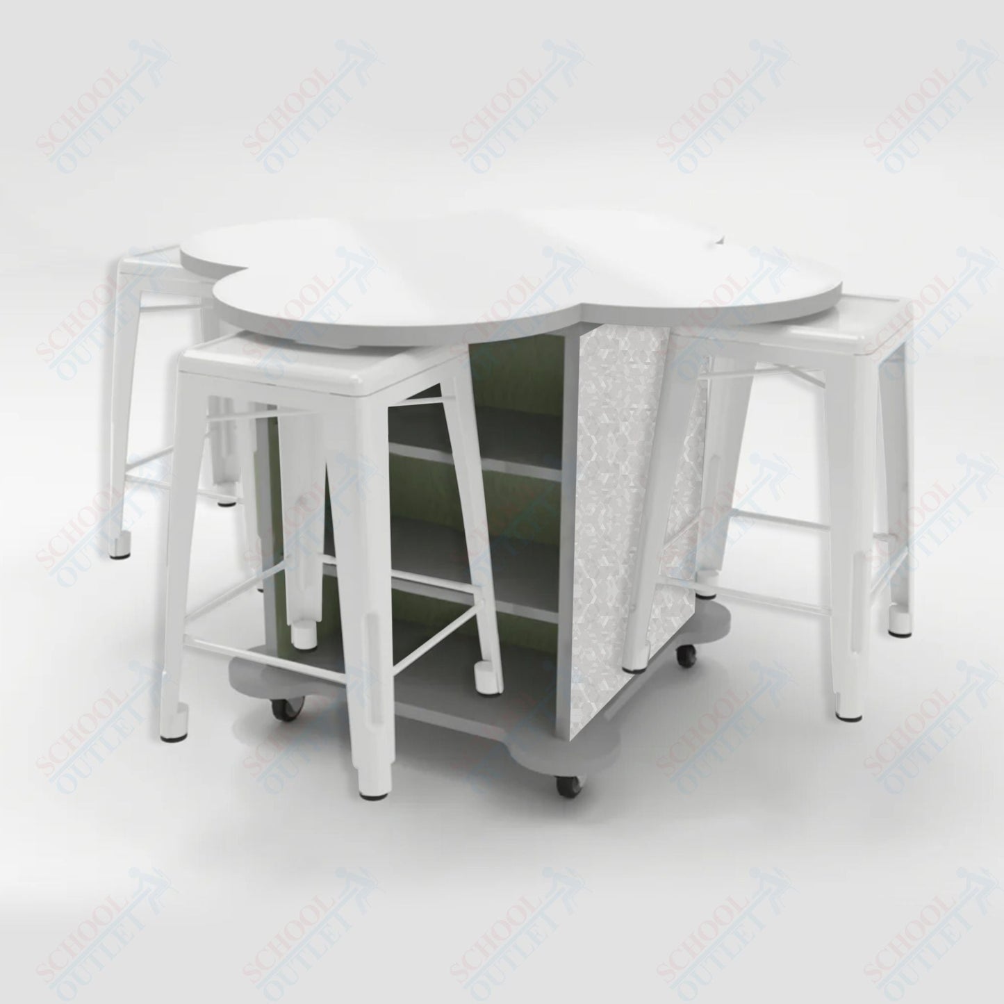 CEF Creation Cube Double - Sided Storage Table - 34"H, White Dry Erase Clover Top, High - Pressure Laminate Base and 4 Metal Stools Included - SchoolOutlet