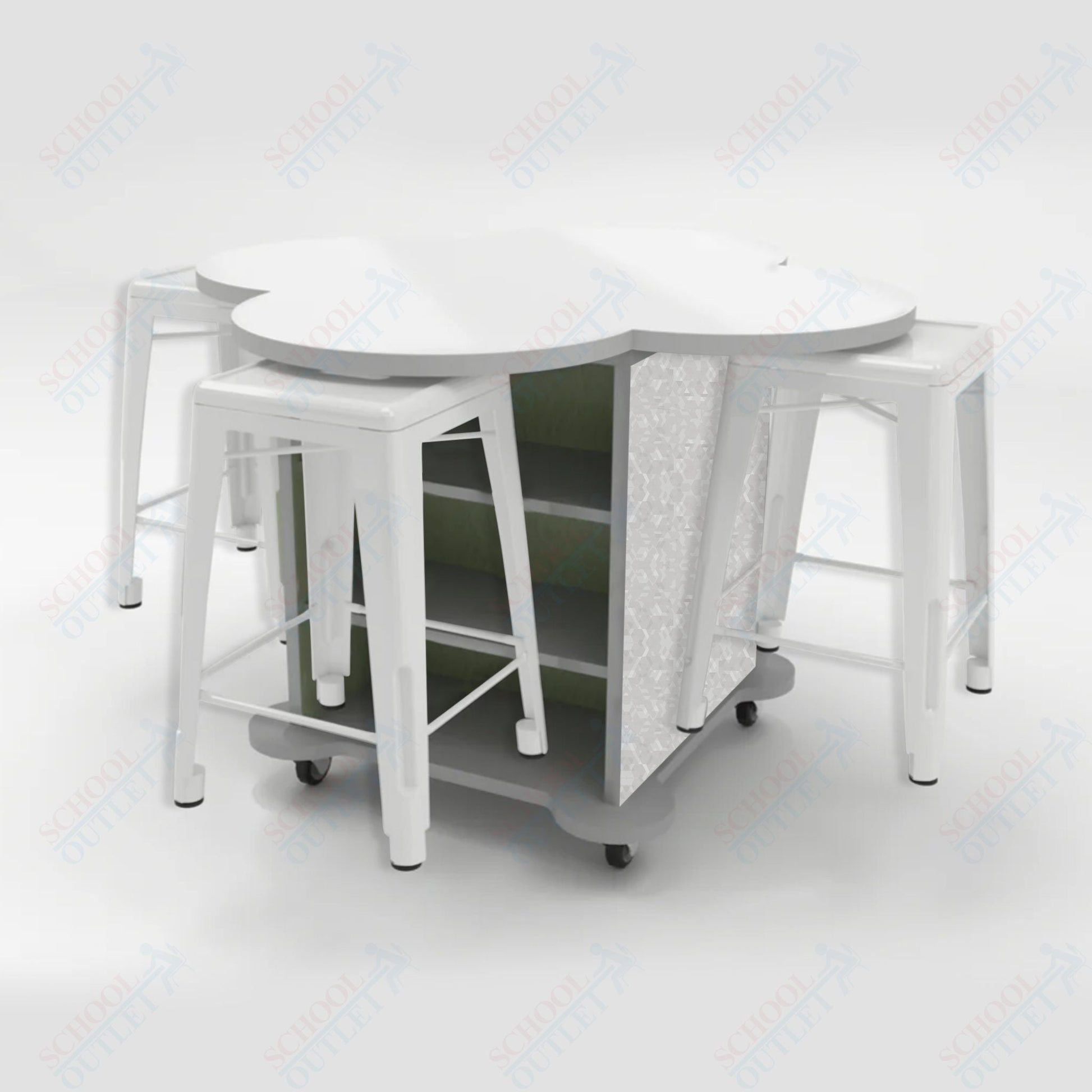 CEF Creation Cube Double - Sided Storage Table - 34"H, White Dry Erase Clover Top, High - Pressure Laminate Base and 4 Metal Stools Included - SchoolOutlet