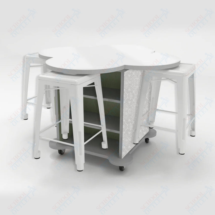 CEF Creation Cube Double - Sided Storage Table - 34"H, White Dry Erase Clover Top, High - Pressure Laminate Base and 4 Metal Stools Included - SchoolOutlet