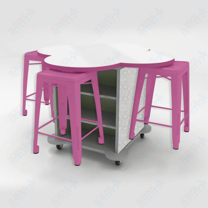 CEF Creation Cube Double - Sided Storage Table - 34"H, White Dry Erase Clover Top, High - Pressure Laminate Base and 4 Metal Stools Included - SchoolOutlet