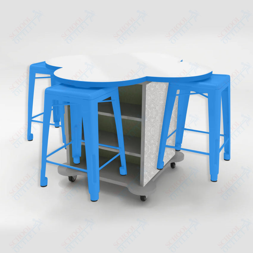 CEF Creation Cube Double - Sided Storage Table - 34"H, White Dry Erase Clover Top, High - Pressure Laminate Base and 4 Metal Stools Included - SchoolOutlet
