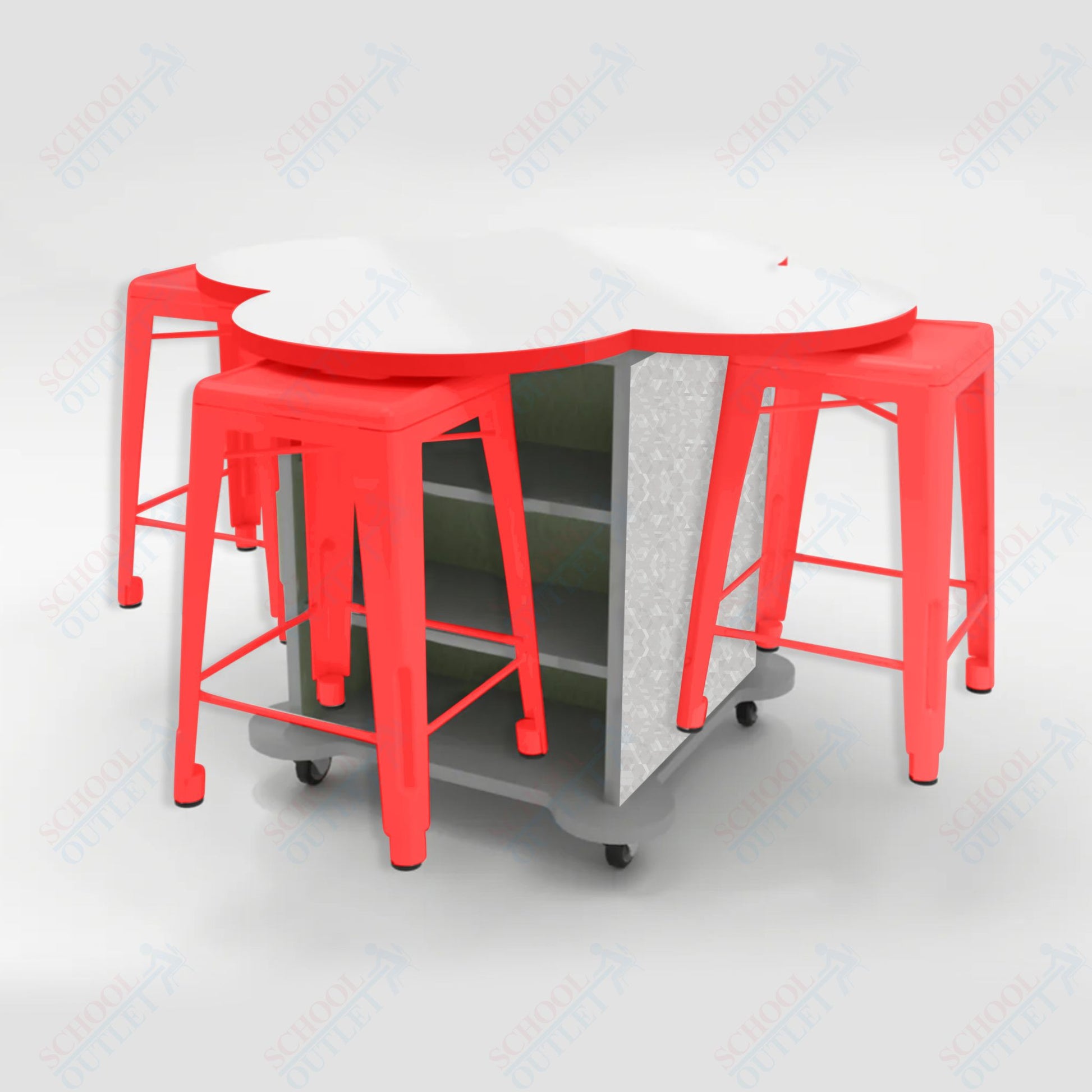 CEF Creation Cube Double - Sided Storage Table - 34"H, White Dry Erase Clover Top, High - Pressure Laminate Base and 4 Metal Stools Included - SchoolOutlet