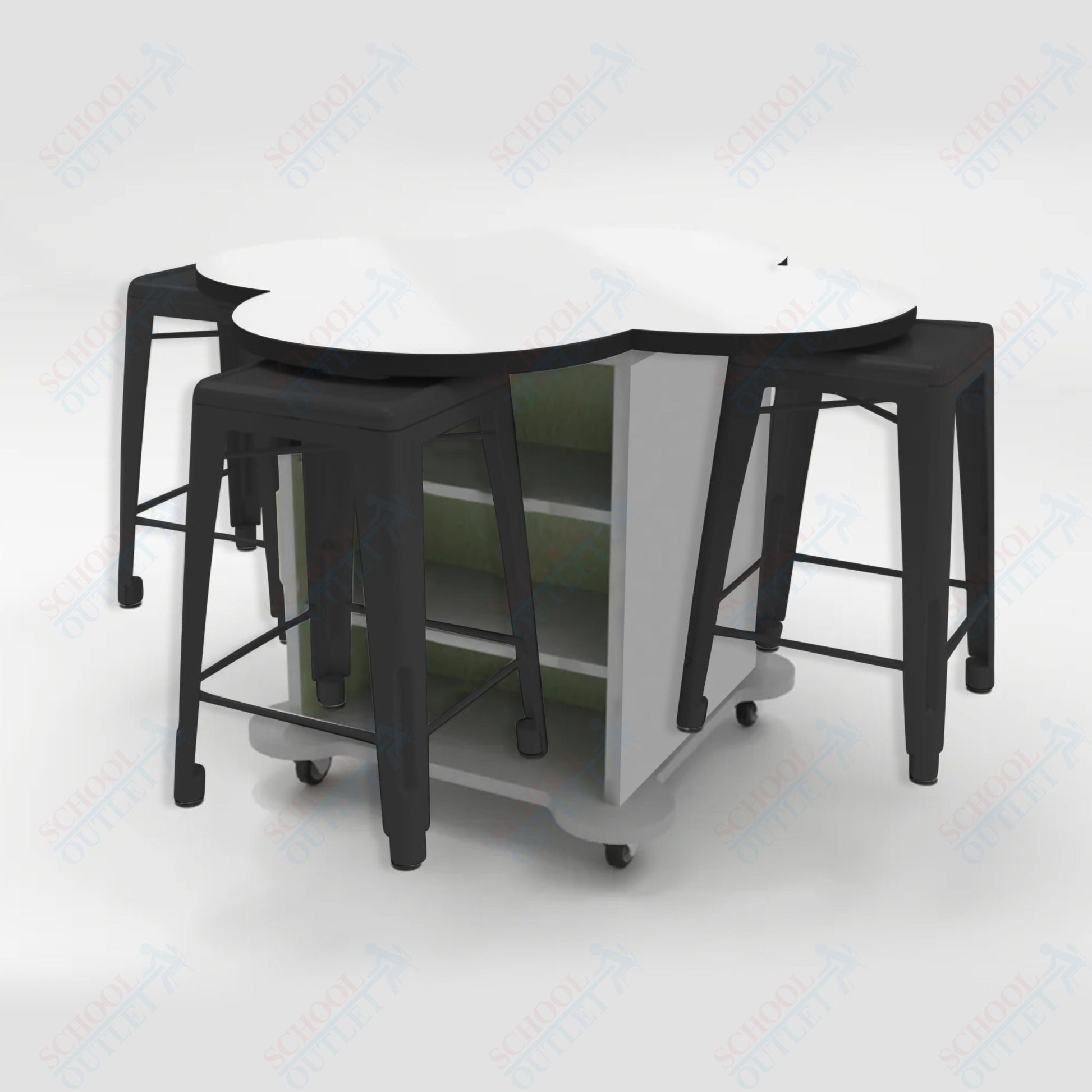 CEF Creation Cube Double - Sided Storage Table - 34"H, White Dry Erase Clover Top, High - Pressure Laminate Base and 4 Metal Stools Included - SchoolOutlet