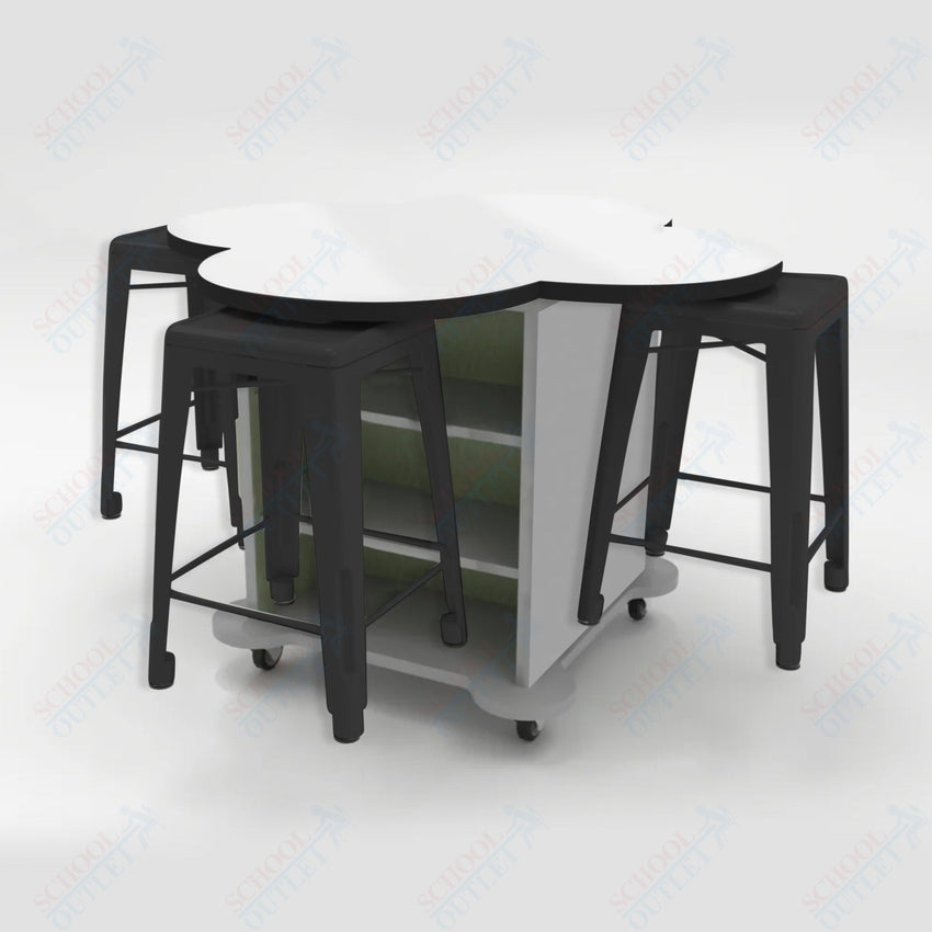 CEF Creation Cube Double - Sided Storage Table - 34"H, White Dry Erase Clover Top, High - Pressure Laminate Base and 4 Metal Stools Included - SchoolOutlet