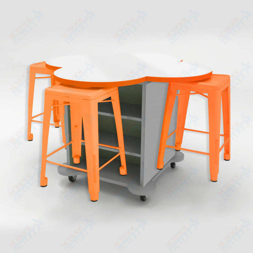 CEF Creation Cube Double - Sided Storage Table - 34"H, White Dry Erase Clover Top, High - Pressure Laminate Base and 4 Metal Stools Included - SchoolOutlet