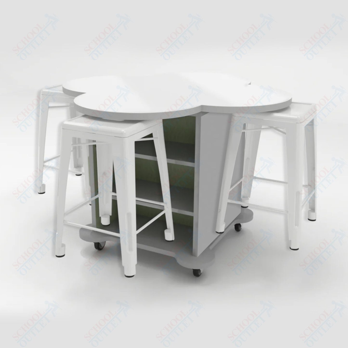 CEF Creation Cube Double - Sided Storage Table - 34"H, White Dry Erase Clover Top, High - Pressure Laminate Base and 4 Metal Stools Included - SchoolOutlet