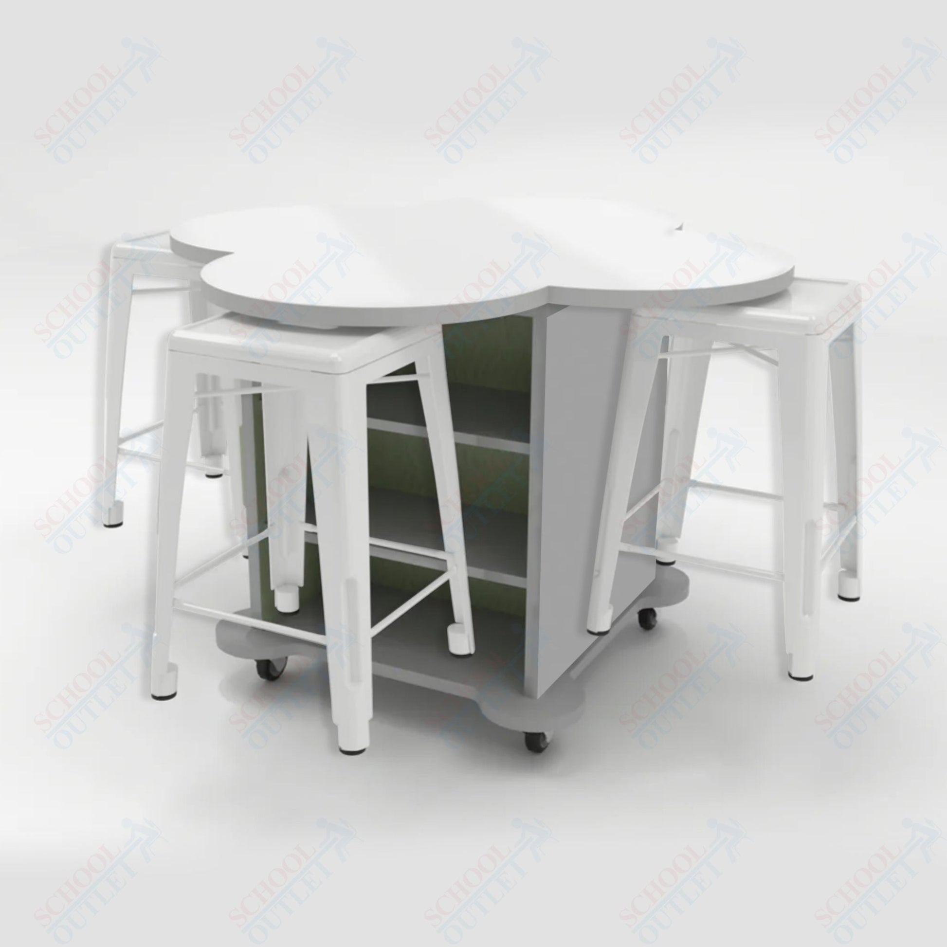 CEF Creation Cube Double - Sided Storage Table - 34"H, White Dry Erase Clover Top, High - Pressure Laminate Base and 4 Metal Stools Included - SchoolOutlet