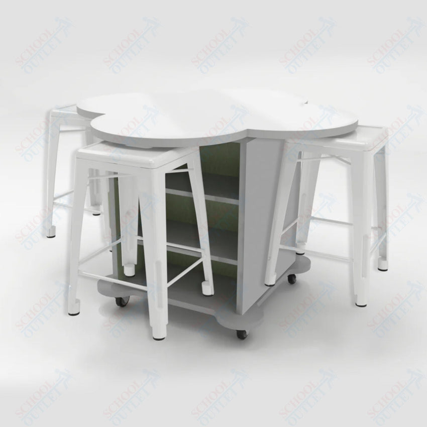 CEF Creation Cube Double - Sided Storage Table - 34"H, White Dry Erase Clover Top, High - Pressure Laminate Base and 4 Metal Stools Included - SchoolOutlet