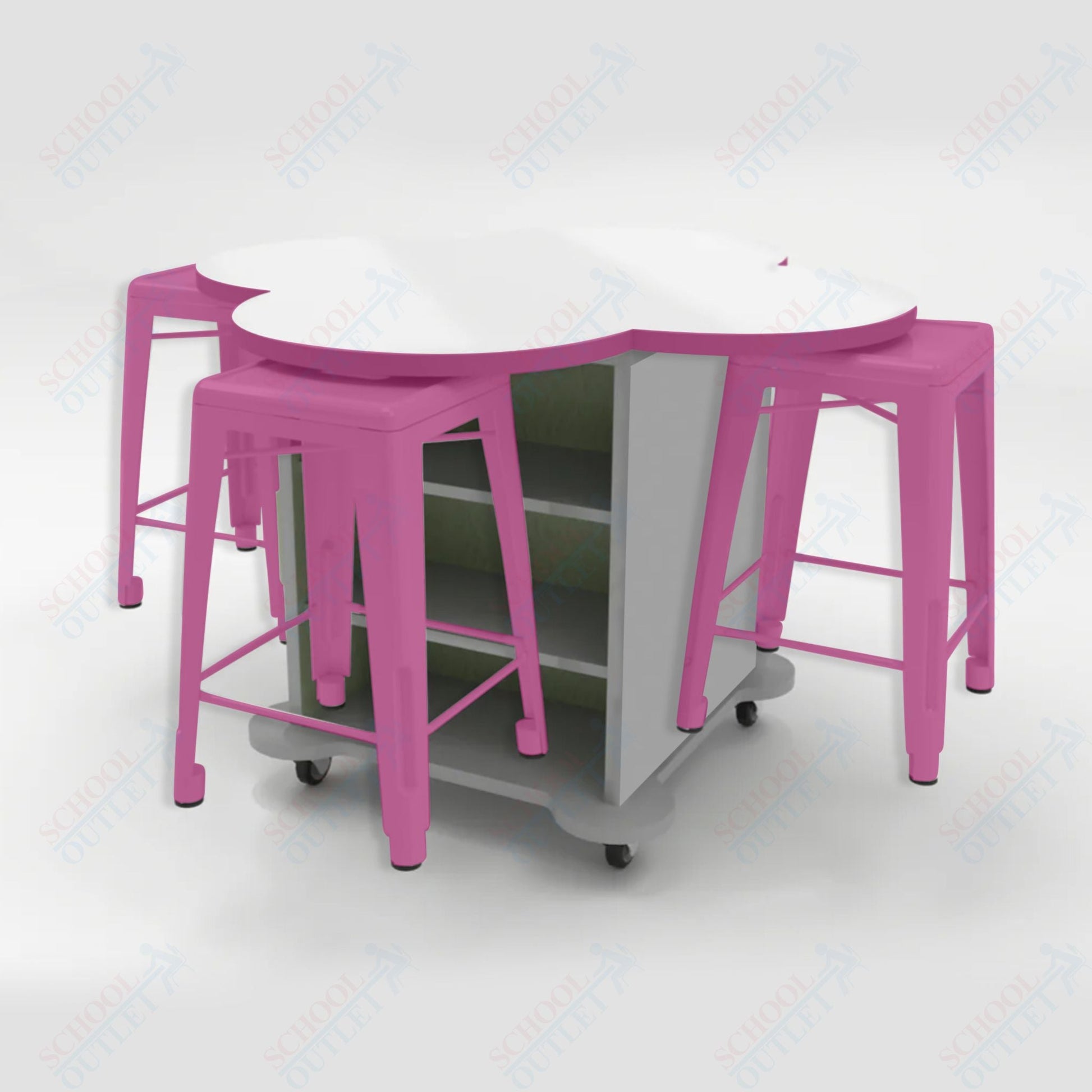CEF Creation Cube Double - Sided Storage Table - 34"H, White Dry Erase Clover Top, High - Pressure Laminate Base and 4 Metal Stools Included - SchoolOutlet