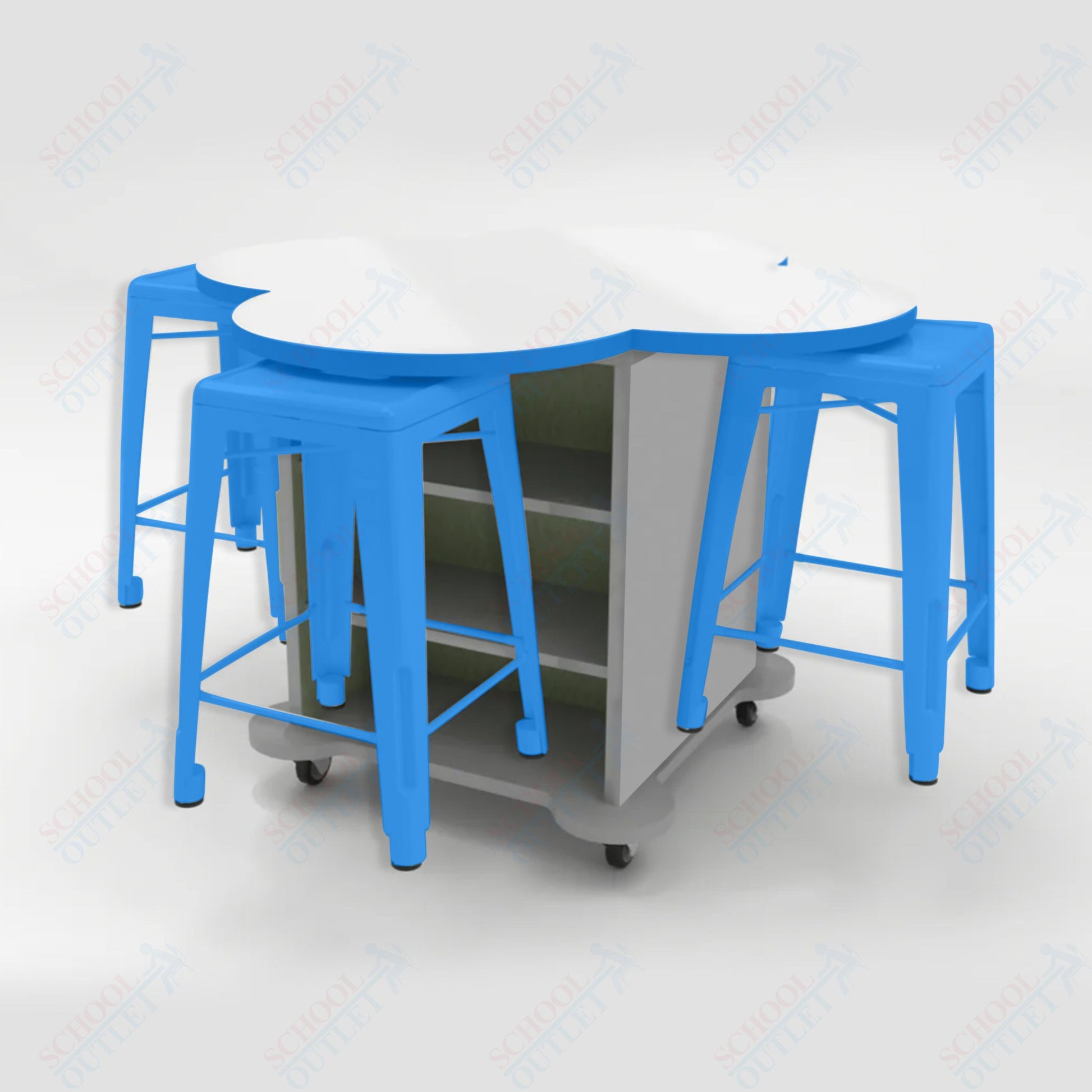 CEF Creation Cube Double - Sided Storage Table - 34"H, White Dry Erase Clover Top, High - Pressure Laminate Base and 4 Metal Stools Included - SchoolOutlet