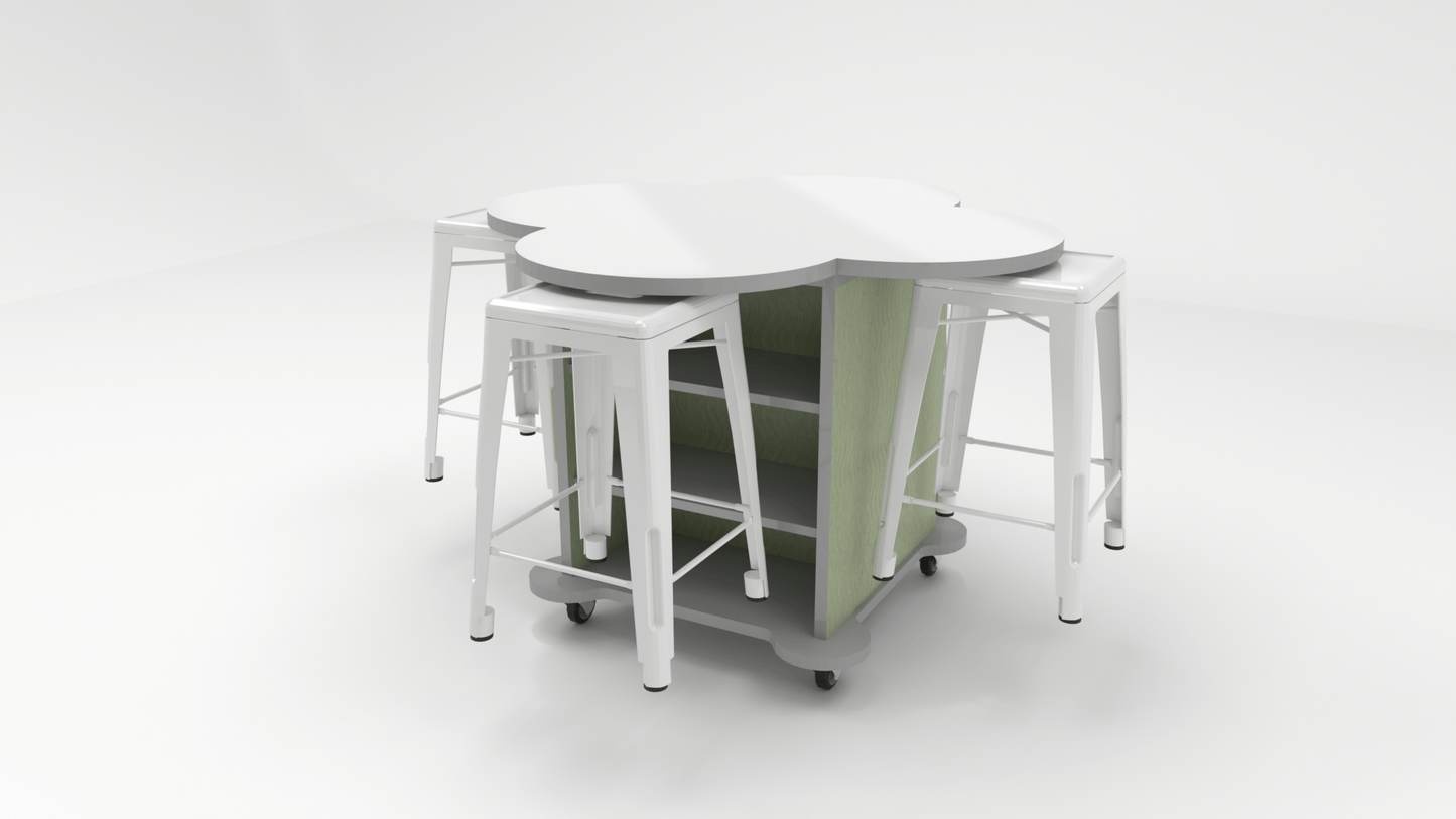 CEF Creation Cube Double-Sided Storage Table - 34"H, White Dry Erase Clover Top, High-Pressure Laminate Base and 4 Metal Stools Included - SchoolOutlet