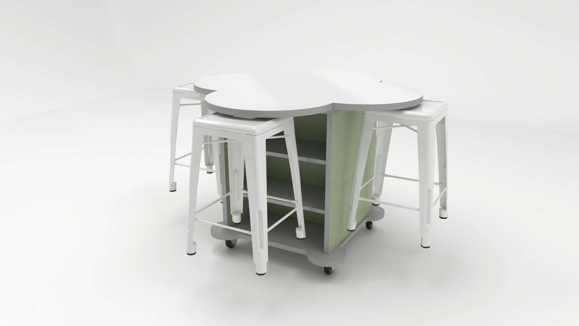 CEF Creation Cube Double-Sided Storage Table - 34"H, White Dry Erase Clover Top, High-Pressure Laminate Base and 4 Metal Stools Included - SchoolOutlet