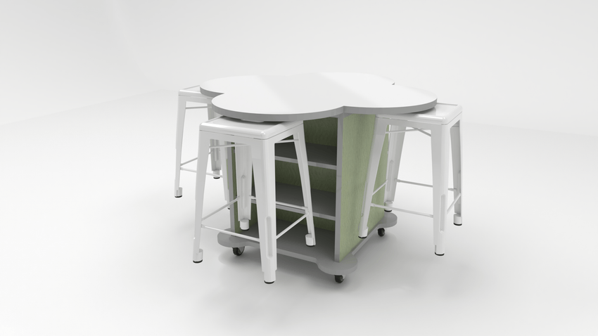 CEF Creation Cube Double-Sided Storage Table - 34"H, White Dry Erase Clover Top, High-Pressure Laminate Base and 4 Metal Stools Included - SchoolOutlet