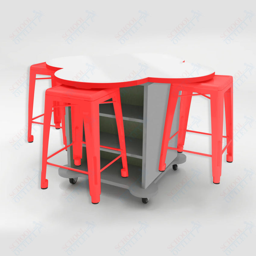 CEF Creation Cube Double - Sided Storage Table - 34"H, White Dry Erase Clover Top, High - Pressure Laminate Base and 4 Metal Stools Included - SchoolOutlet