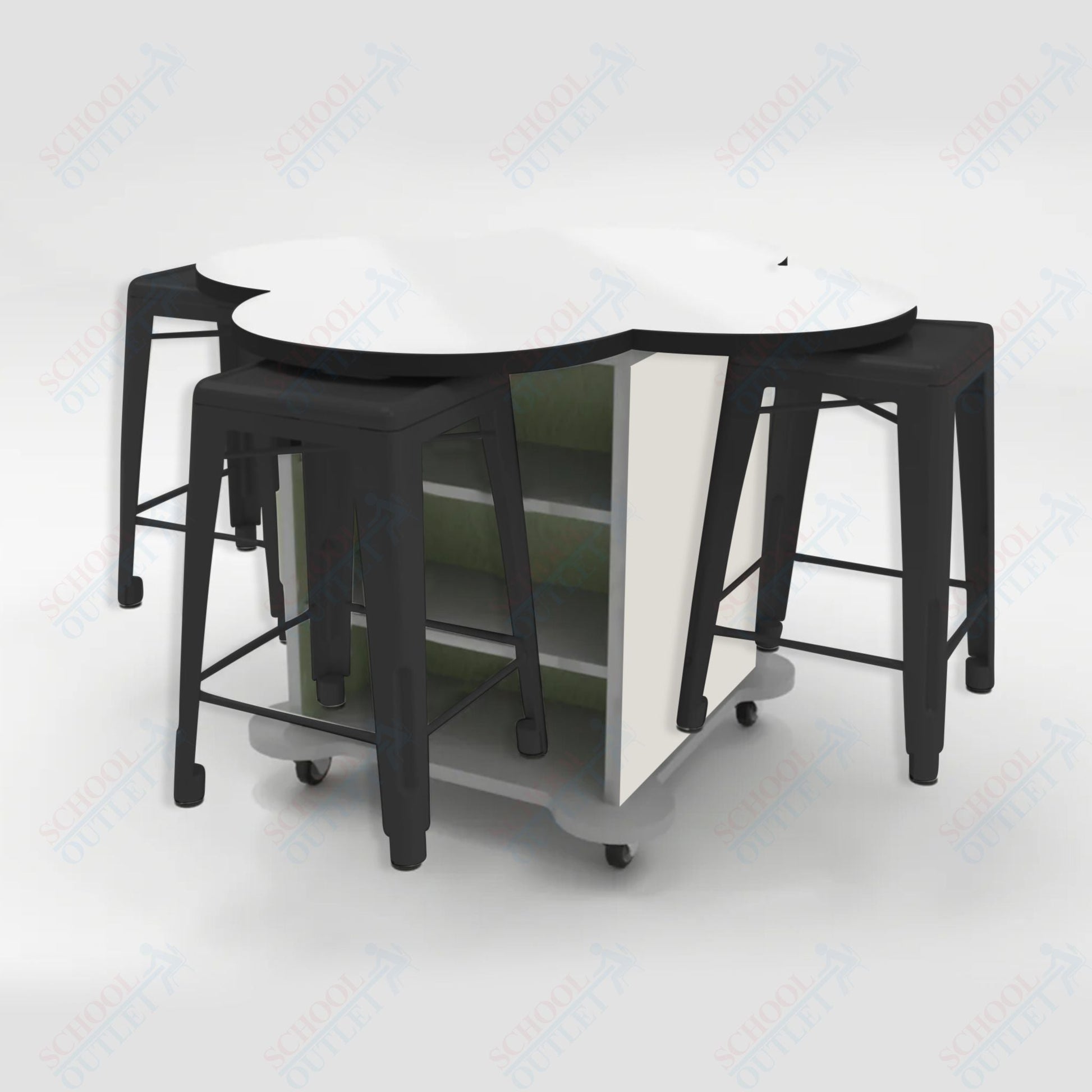 CEF Creation Cube Double - Sided Storage Table - 34"H, White Dry Erase Clover Top, High - Pressure Laminate Base and 4 Metal Stools Included - SchoolOutlet