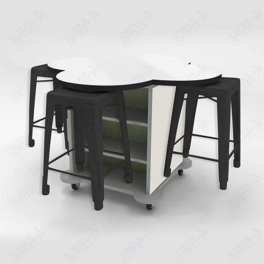 CEF Creation Cube Double - Sided Storage Table - 34"H, White Dry Erase Clover Top, High - Pressure Laminate Base and 4 Metal Stools Included - SchoolOutlet