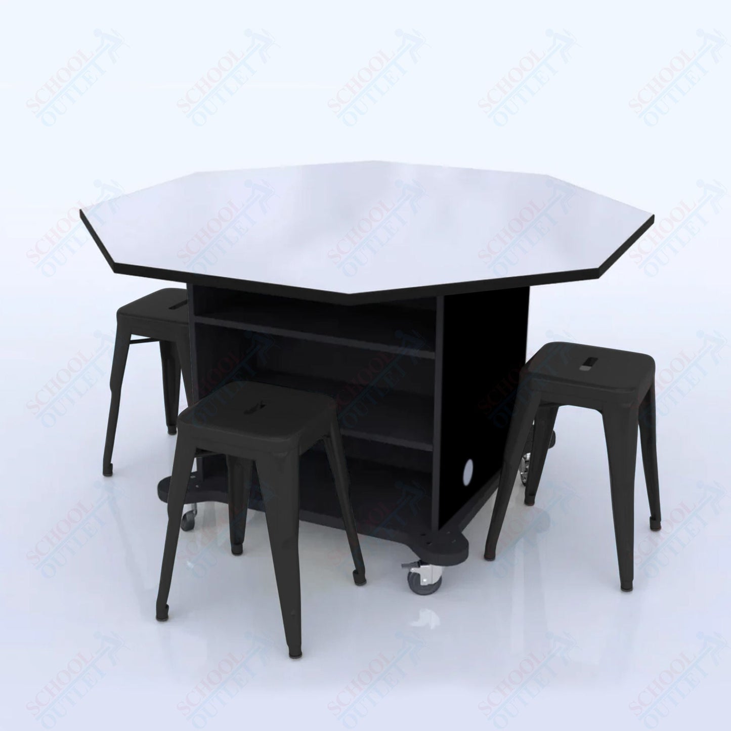 CEF Creation Cube Double - Sided Storage Table - 34"H, White Dry Erase Octagon Top, High - Pressure Laminate Base and 4 Metal Stools Included - SchoolOutlet