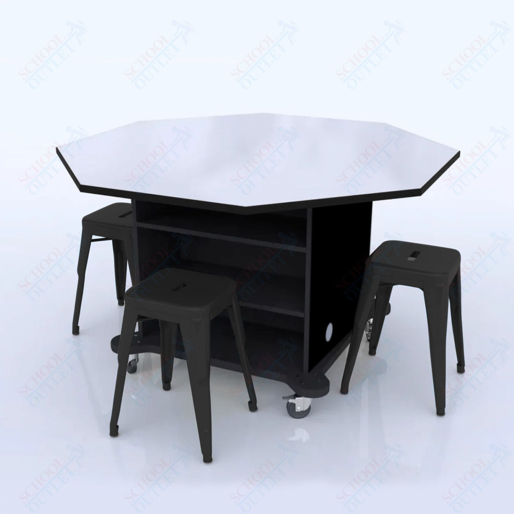 CEF Creation Cube Double - Sided Storage Table - 34"H, White Dry Erase Octagon Top, High - Pressure Laminate Base and 4 Metal Stools Included - SchoolOutlet