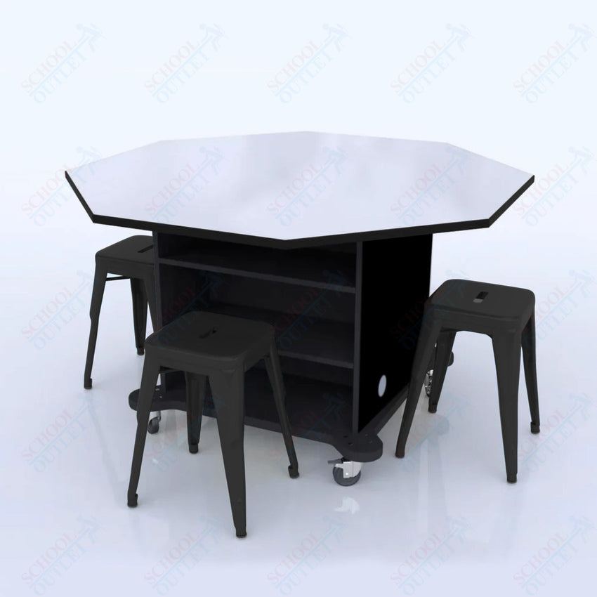 CEF Creation Cube Double - Sided Storage Table - 34"H, White Dry Erase Octagon Top, High - Pressure Laminate Base and 4 Metal Stools Included - SchoolOutlet