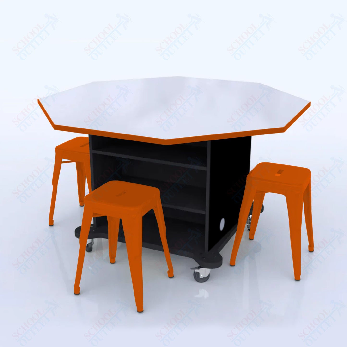 CEF Creation Cube Double - Sided Storage Table - 34"H, White Dry Erase Octagon Top, High - Pressure Laminate Base and 4 Metal Stools Included - SchoolOutlet