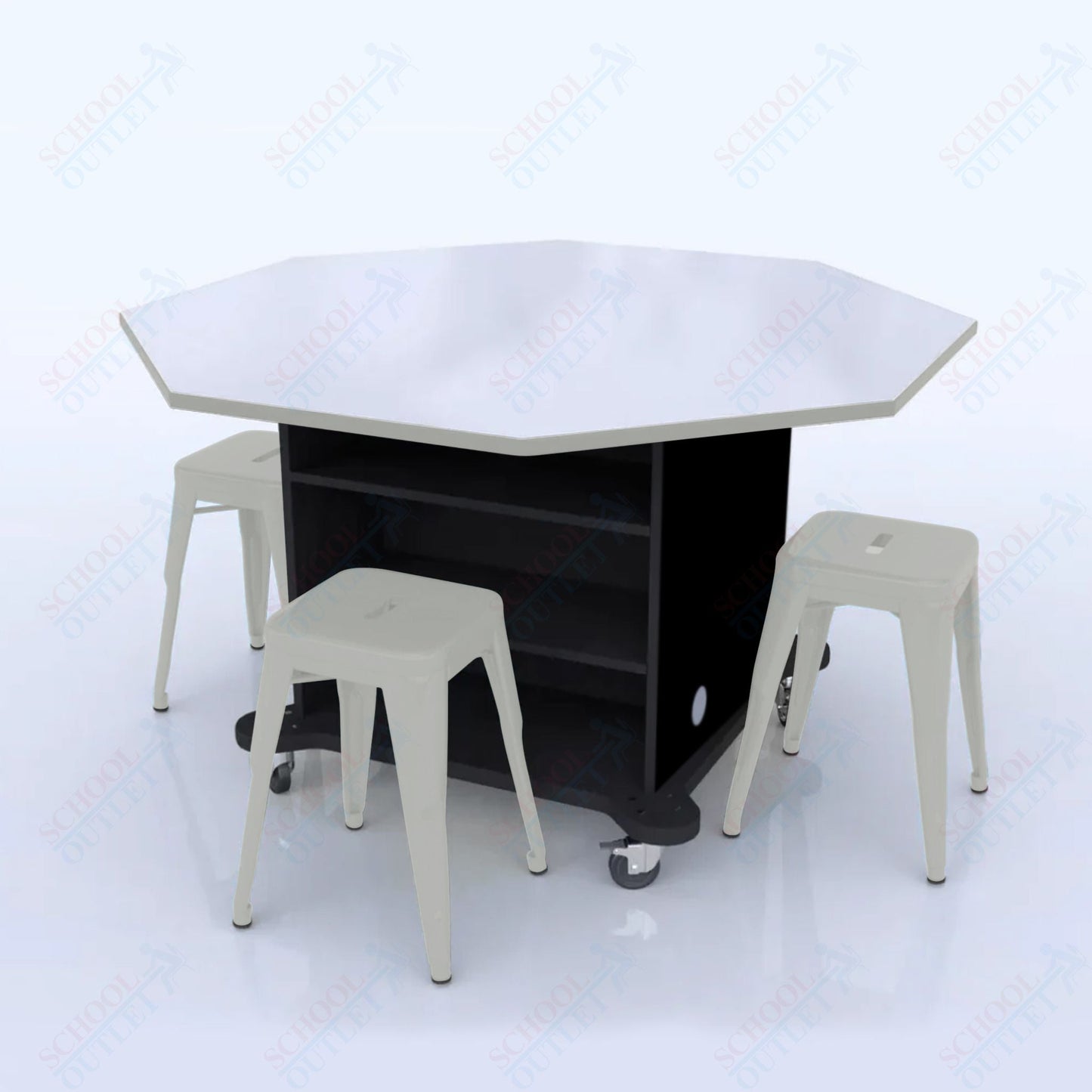 CEF Creation Cube Double - Sided Storage Table - 34"H, White Dry Erase Octagon Top, High - Pressure Laminate Base and 4 Metal Stools Included - SchoolOutlet