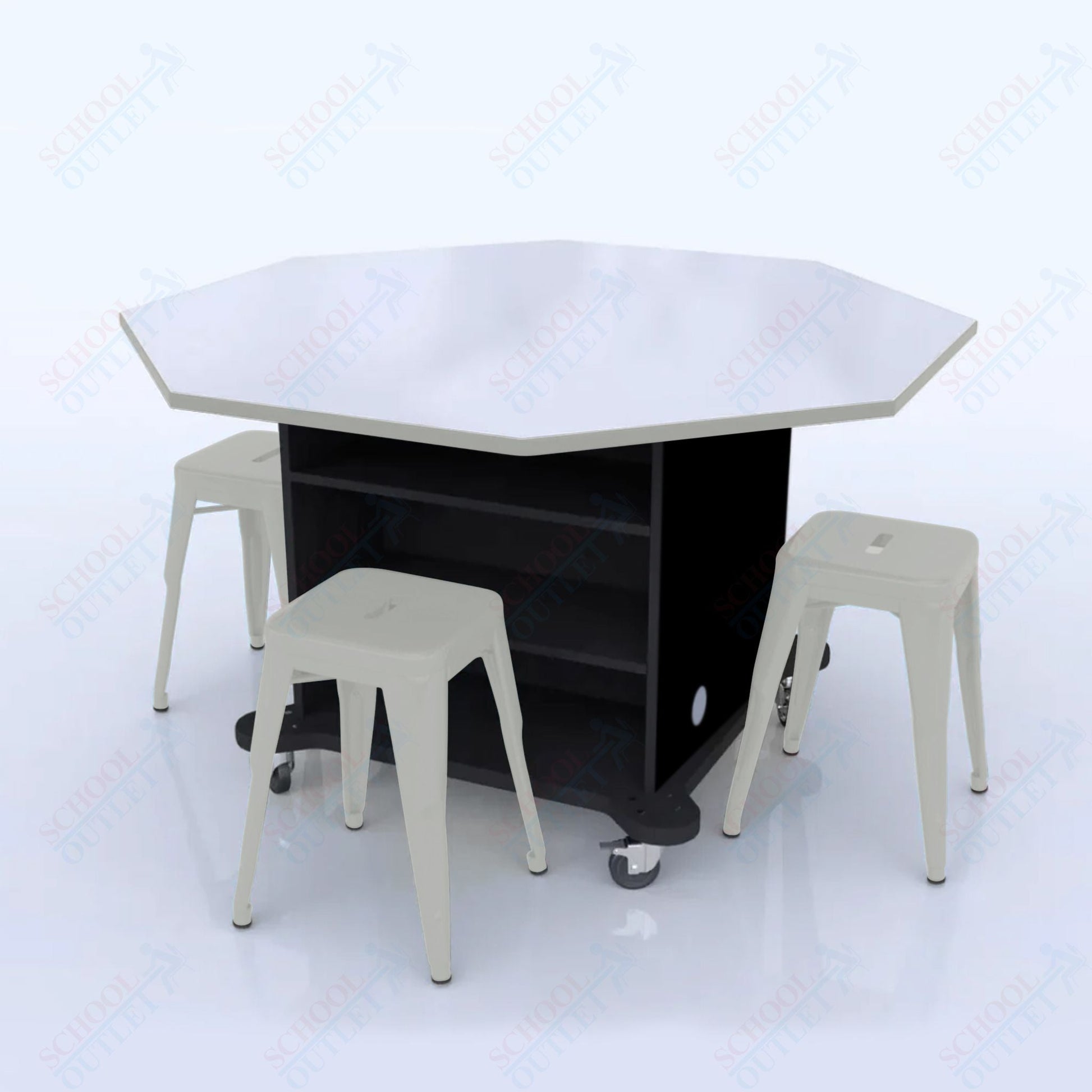 CEF Creation Cube Double - Sided Storage Table - 34"H, White Dry Erase Octagon Top, High - Pressure Laminate Base and 4 Metal Stools Included - SchoolOutlet