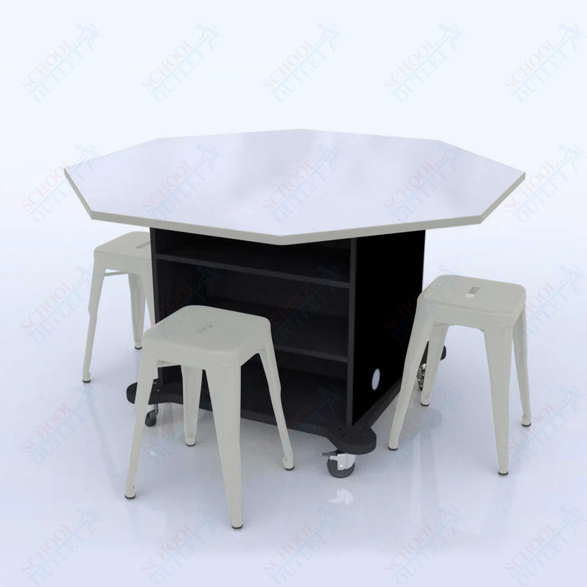 CEF Creation Cube Double - Sided Storage Table - 34"H, White Dry Erase Octagon Top, High - Pressure Laminate Base and 4 Metal Stools Included - SchoolOutlet