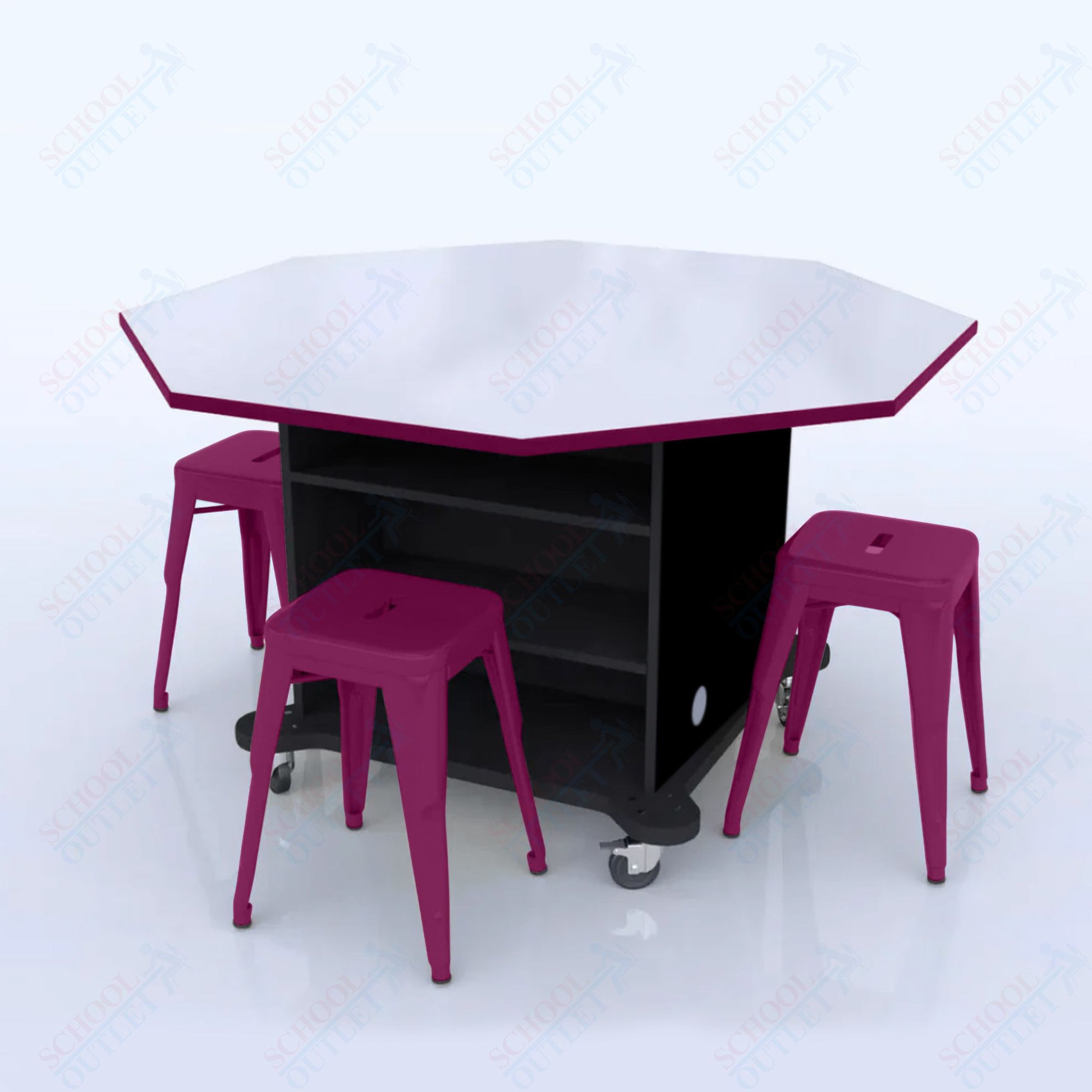 CEF Creation Cube Double - Sided Storage Table - 34"H, White Dry Erase Octagon Top, High - Pressure Laminate Base and 4 Metal Stools Included - SchoolOutlet