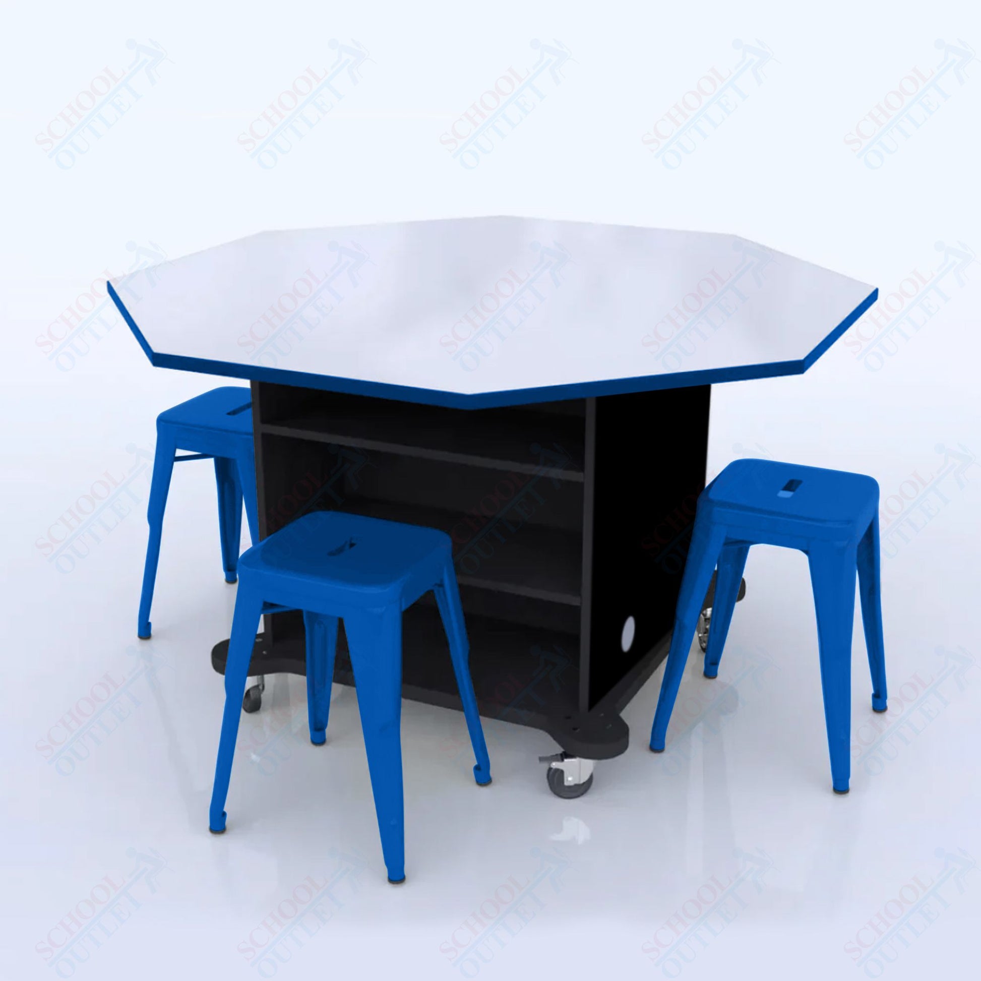 CEF Creation Cube Double - Sided Storage Table - 34"H, White Dry Erase Octagon Top, High - Pressure Laminate Base and 4 Metal Stools Included - SchoolOutlet