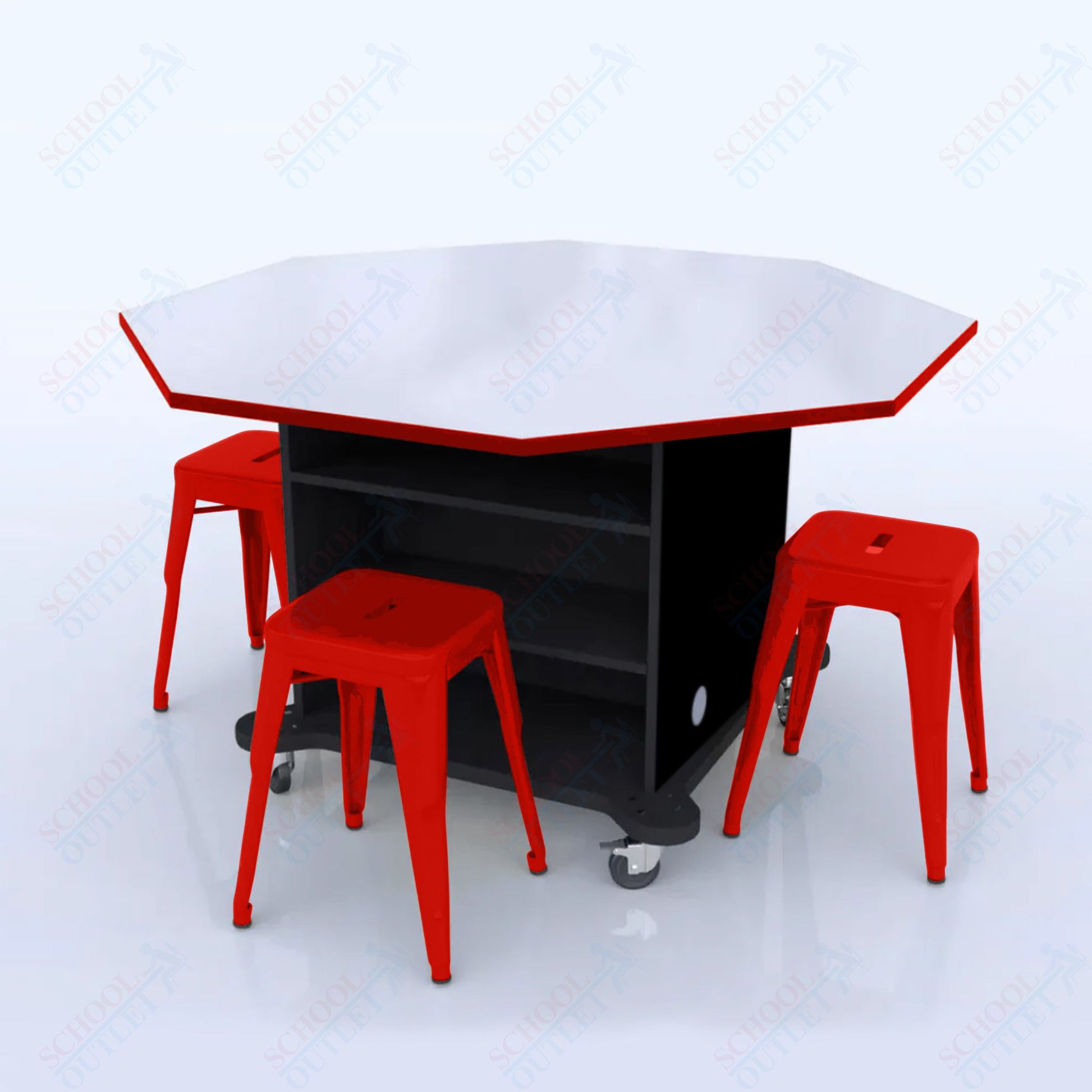 CEF Creation Cube Double - Sided Storage Table - 34"H, White Dry Erase Octagon Top, High - Pressure Laminate Base and 4 Metal Stools Included - SchoolOutlet