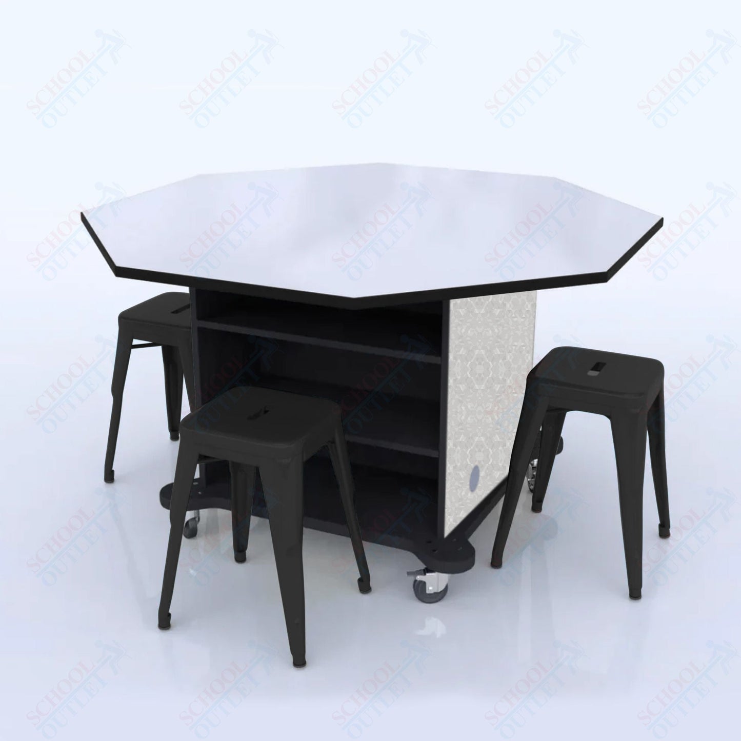 CEF Creation Cube Double - Sided Storage Table - 34"H, White Dry Erase Octagon Top, High - Pressure Laminate Base and 4 Metal Stools Included - SchoolOutlet