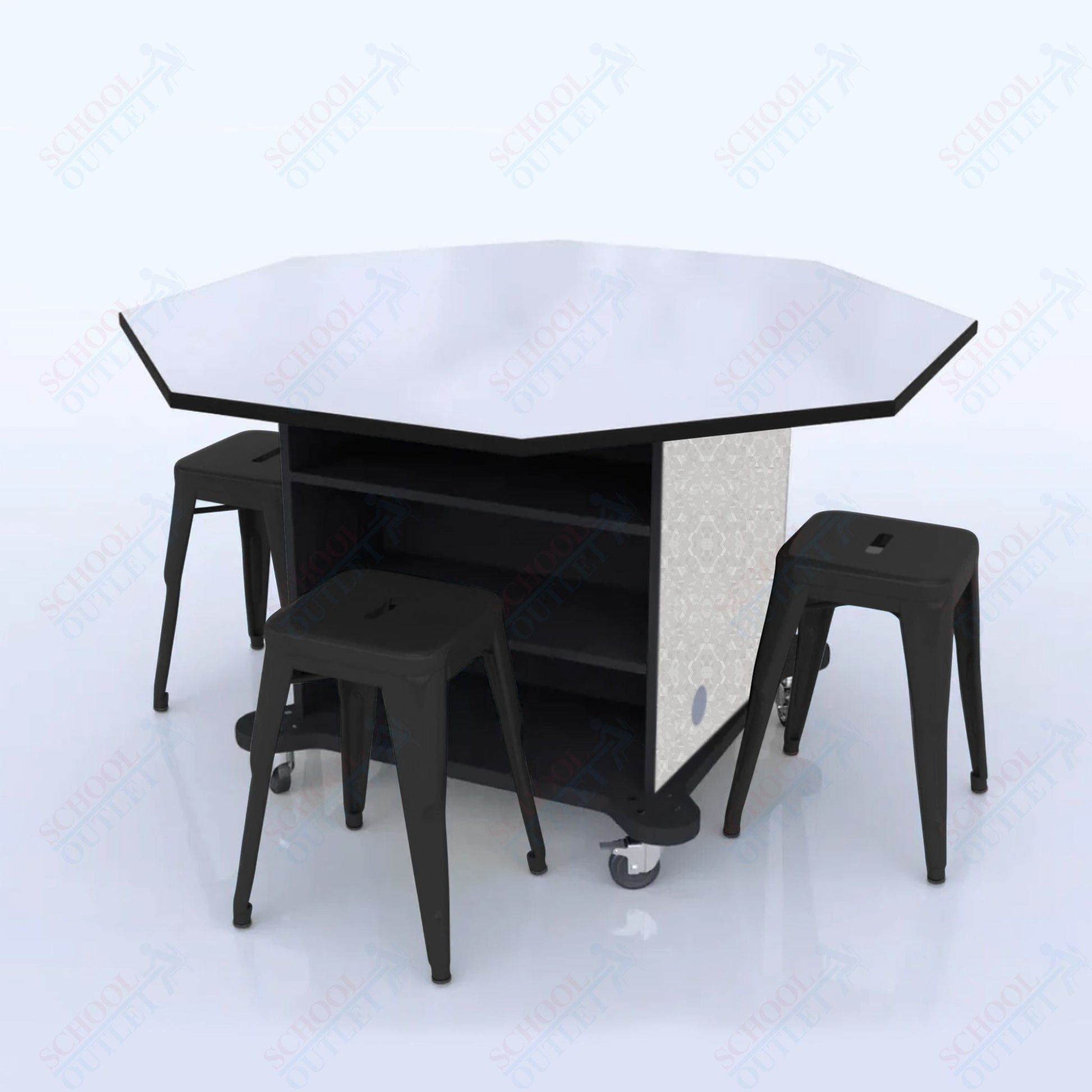CEF Creation Cube Double - Sided Storage Table - 34"H, White Dry Erase Octagon Top, High - Pressure Laminate Base and 4 Metal Stools Included - SchoolOutlet