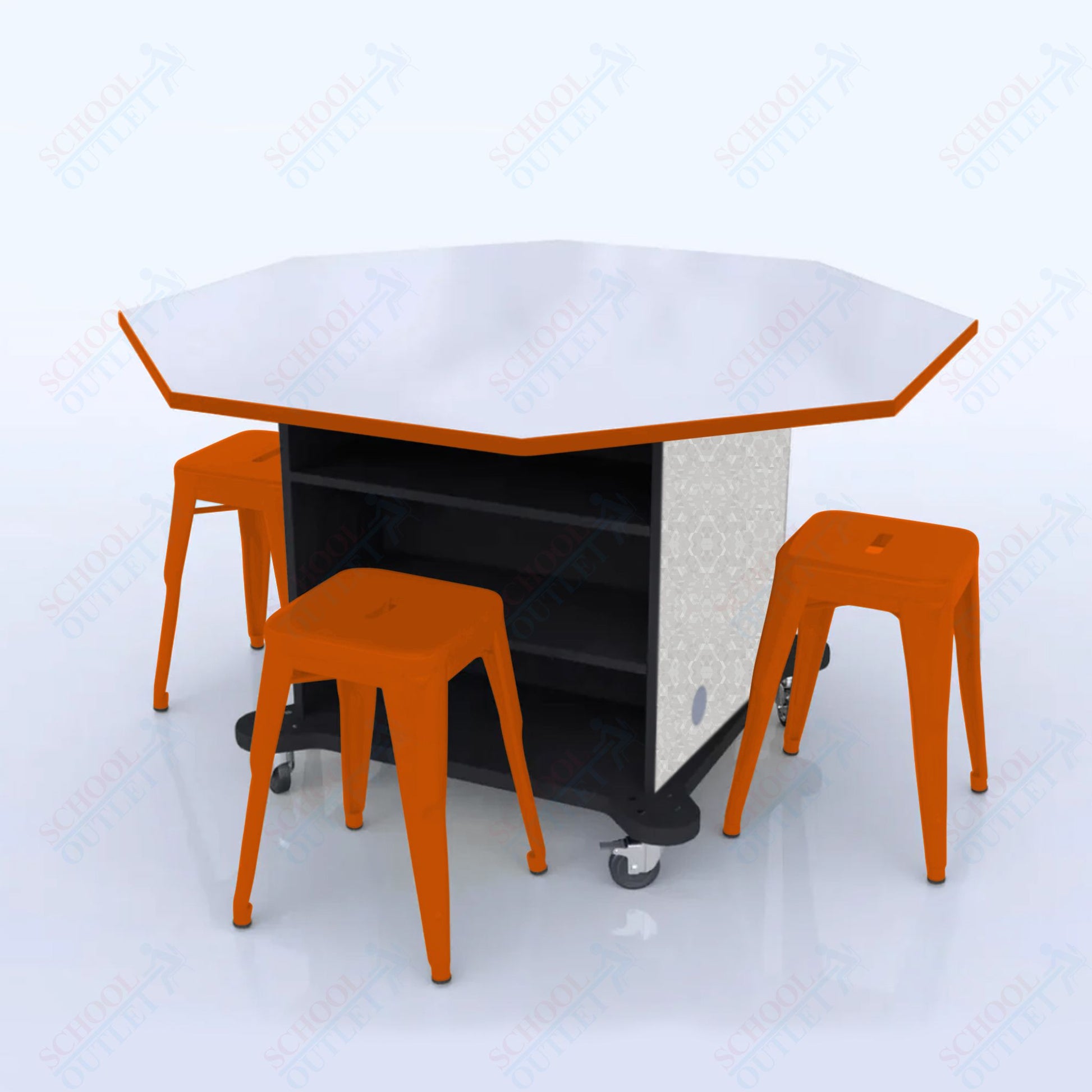 CEF Creation Cube Double - Sided Storage Table - 34"H, White Dry Erase Octagon Top, High - Pressure Laminate Base and 4 Metal Stools Included - SchoolOutlet