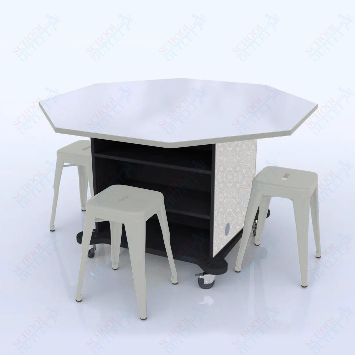 CEF Creation Cube Double - Sided Storage Table - 34"H, White Dry Erase Octagon Top, High - Pressure Laminate Base and 4 Metal Stools Included - SchoolOutlet