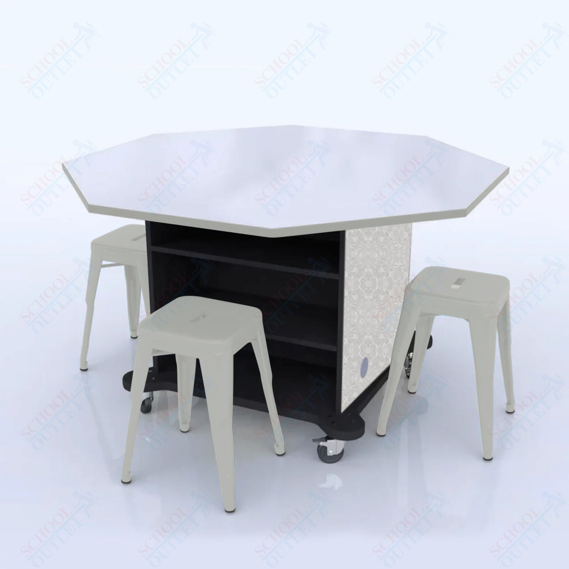 CEF Creation Cube Double - Sided Storage Table - 34"H, White Dry Erase Octagon Top, High - Pressure Laminate Base and 4 Metal Stools Included - SchoolOutlet