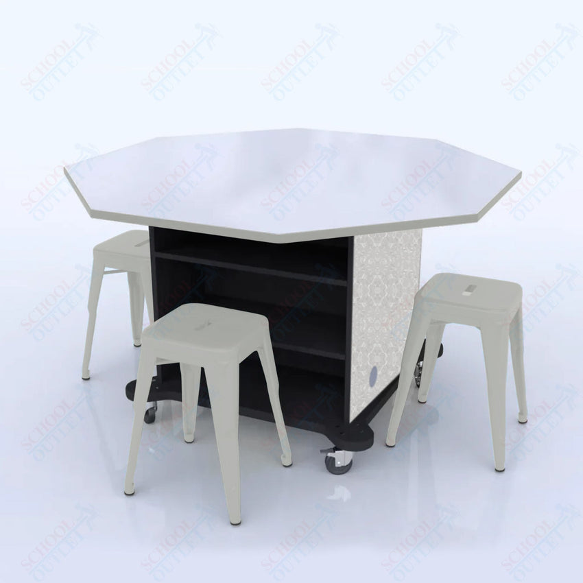 CEF Creation Cube Double - Sided Storage Table - 34"H, White Dry Erase Octagon Top, High - Pressure Laminate Base and 4 Metal Stools Included - SchoolOutlet
