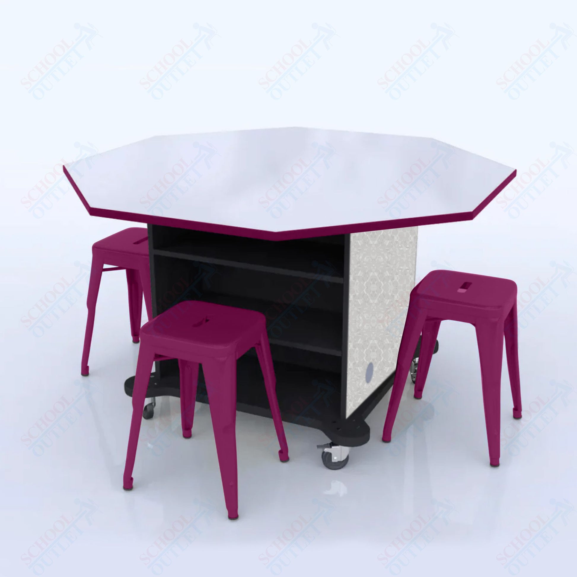 CEF Creation Cube Double - Sided Storage Table - 34"H, White Dry Erase Octagon Top, High - Pressure Laminate Base and 4 Metal Stools Included - SchoolOutlet