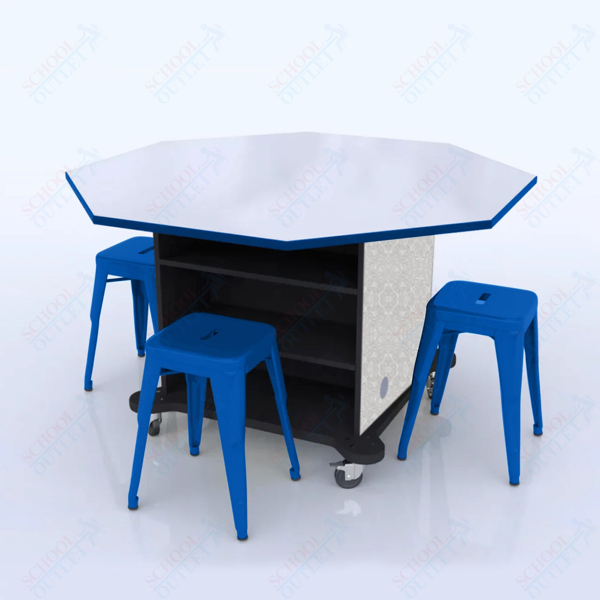 CEF Creation Cube Double - Sided Storage Table - 34"H, White Dry Erase Octagon Top, High - Pressure Laminate Base and 4 Metal Stools Included - SchoolOutlet