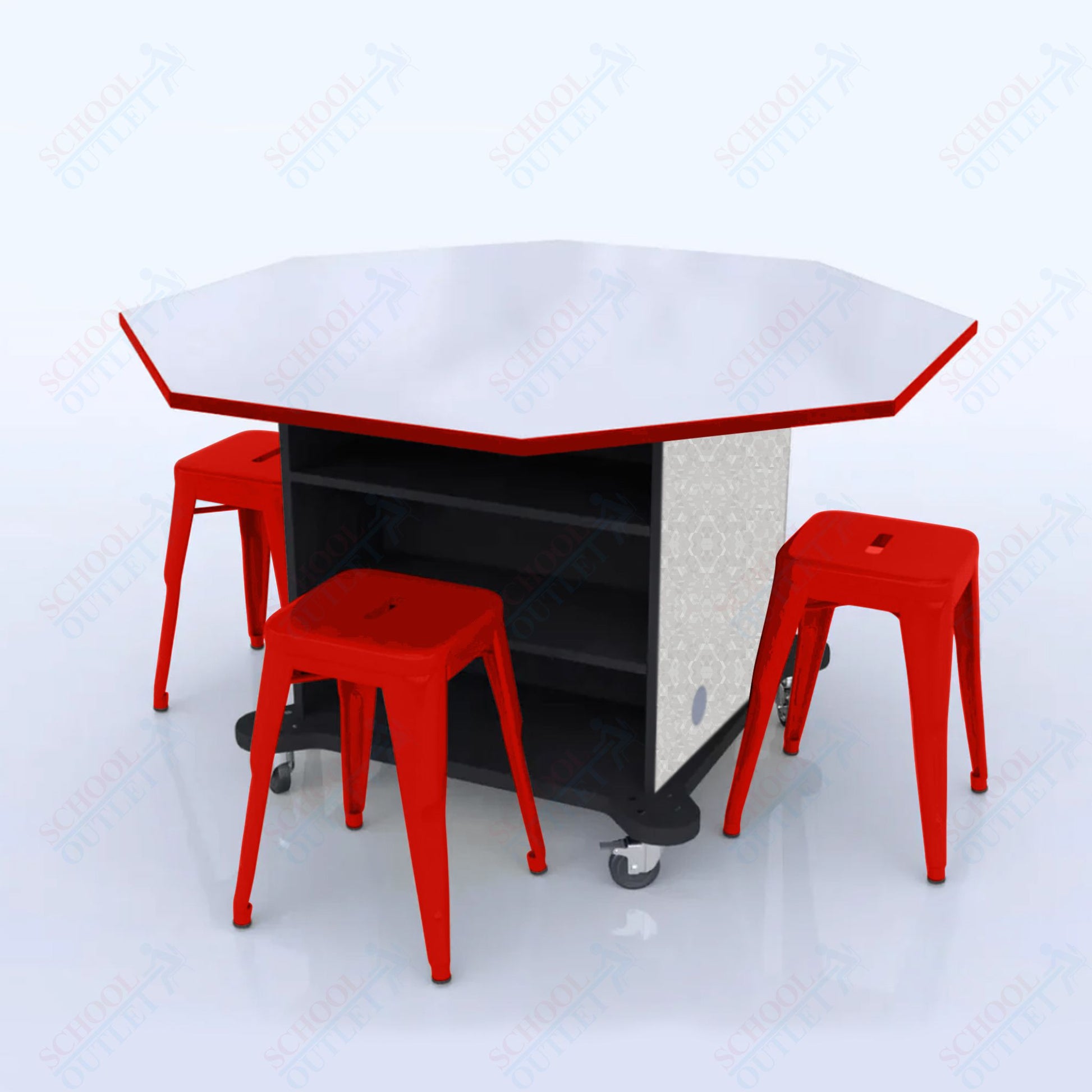 CEF Creation Cube Double - Sided Storage Table - 34"H, White Dry Erase Octagon Top, High - Pressure Laminate Base and 4 Metal Stools Included - SchoolOutlet