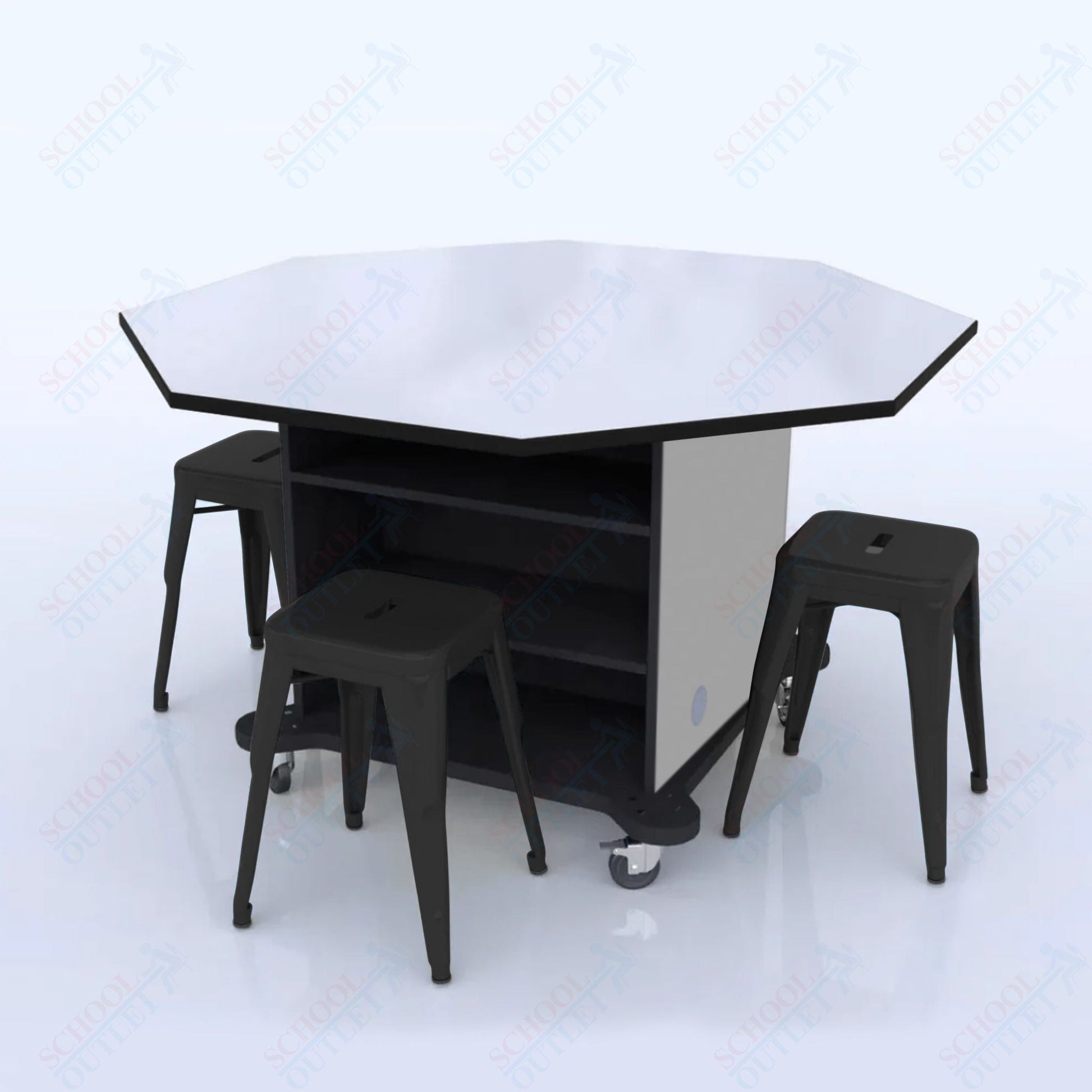 CEF Creation Cube Double - Sided Storage Table - 34"H, White Dry Erase Octagon Top, High - Pressure Laminate Base and 4 Metal Stools Included - SchoolOutlet