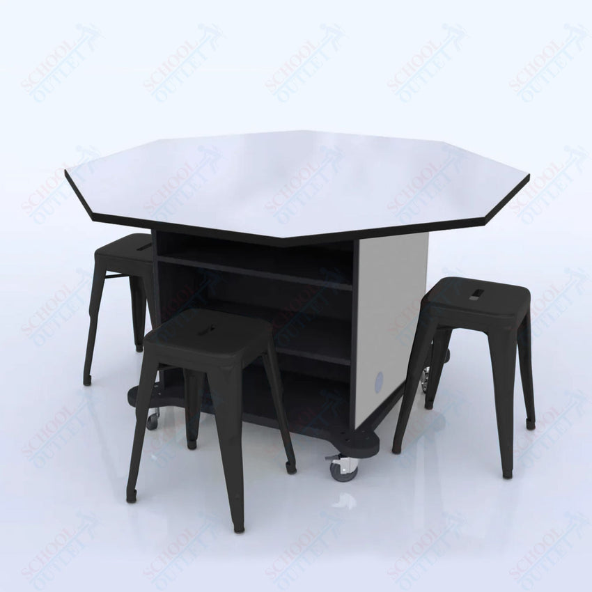 CEF Creation Cube Double - Sided Storage Table - 34"H, White Dry Erase Octagon Top, High - Pressure Laminate Base and 4 Metal Stools Included - SchoolOutlet