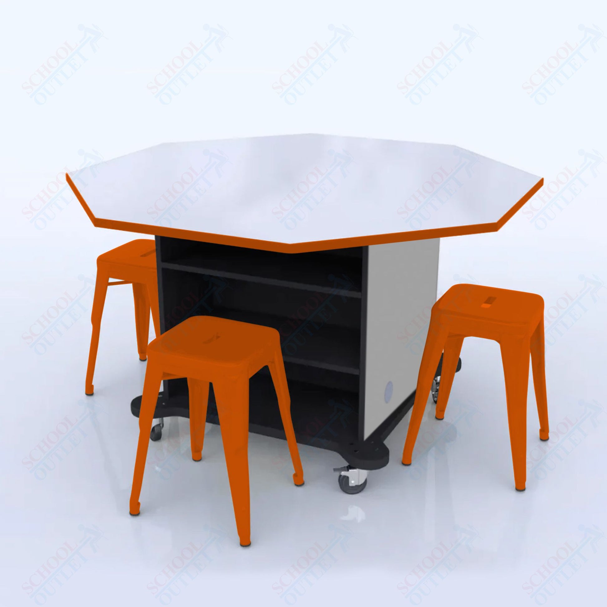 CEF Creation Cube Double - Sided Storage Table - 34"H, White Dry Erase Octagon Top, High - Pressure Laminate Base and 4 Metal Stools Included - SchoolOutlet