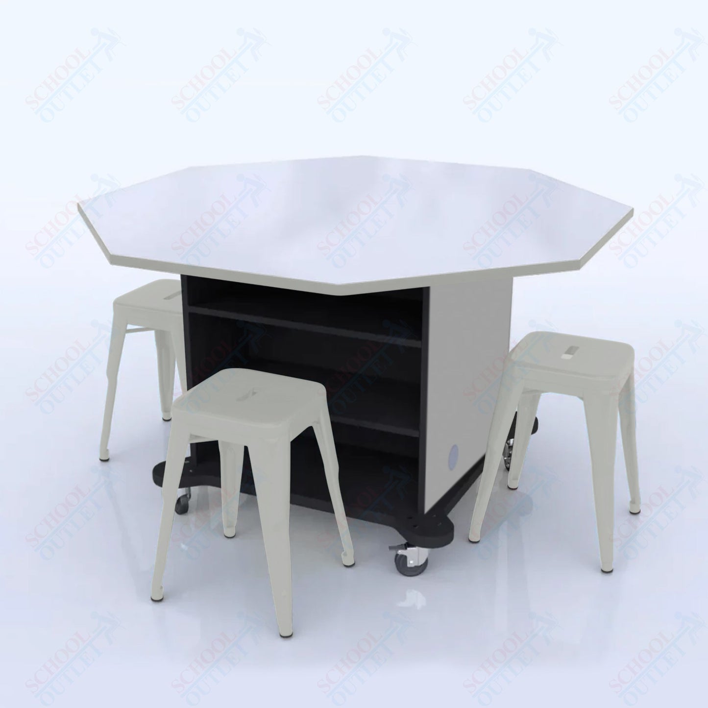 CEF Creation Cube Double - Sided Storage Table - 34"H, White Dry Erase Octagon Top, High - Pressure Laminate Base and 4 Metal Stools Included - SchoolOutlet