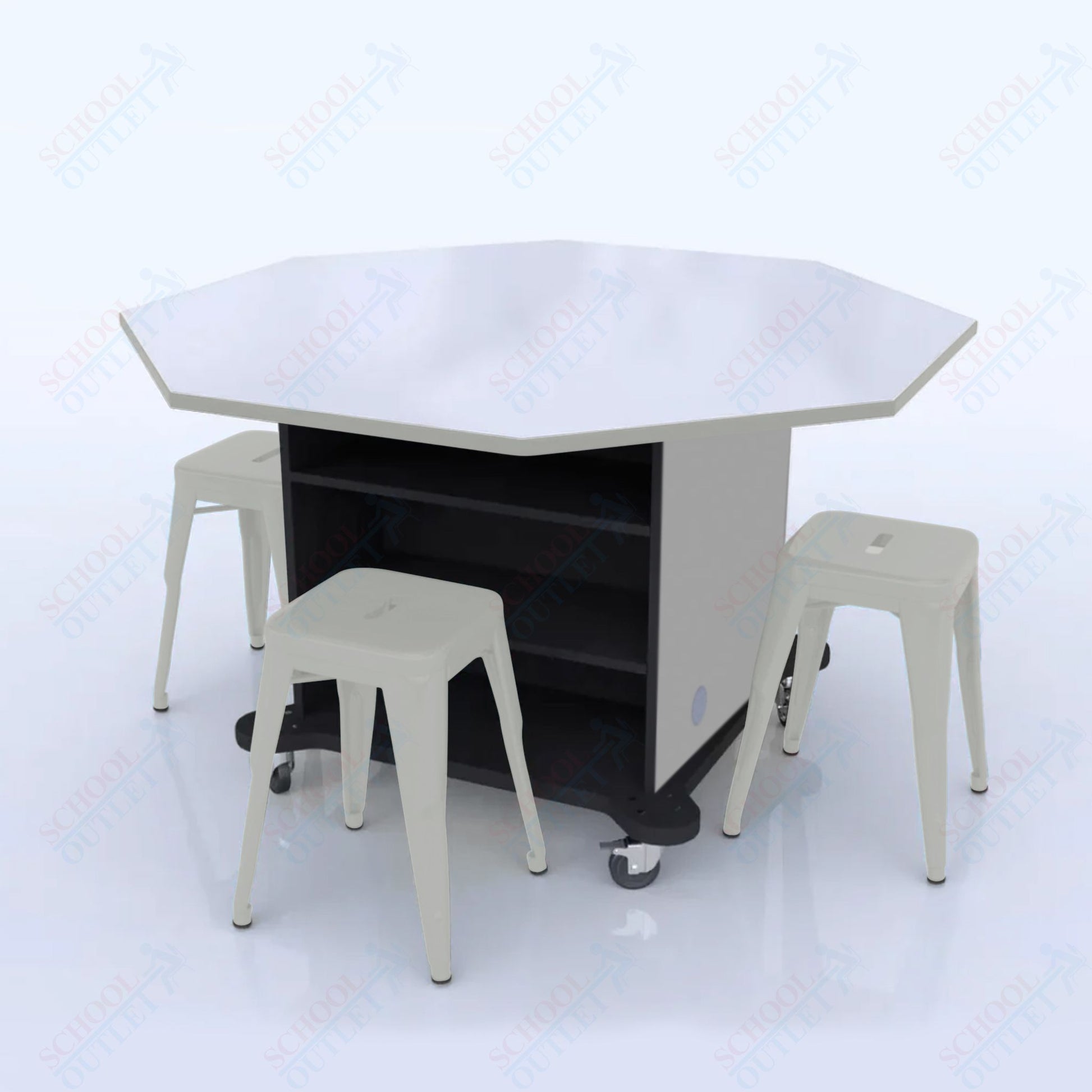 CEF Creation Cube Double - Sided Storage Table - 34"H, White Dry Erase Octagon Top, High - Pressure Laminate Base and 4 Metal Stools Included - SchoolOutlet