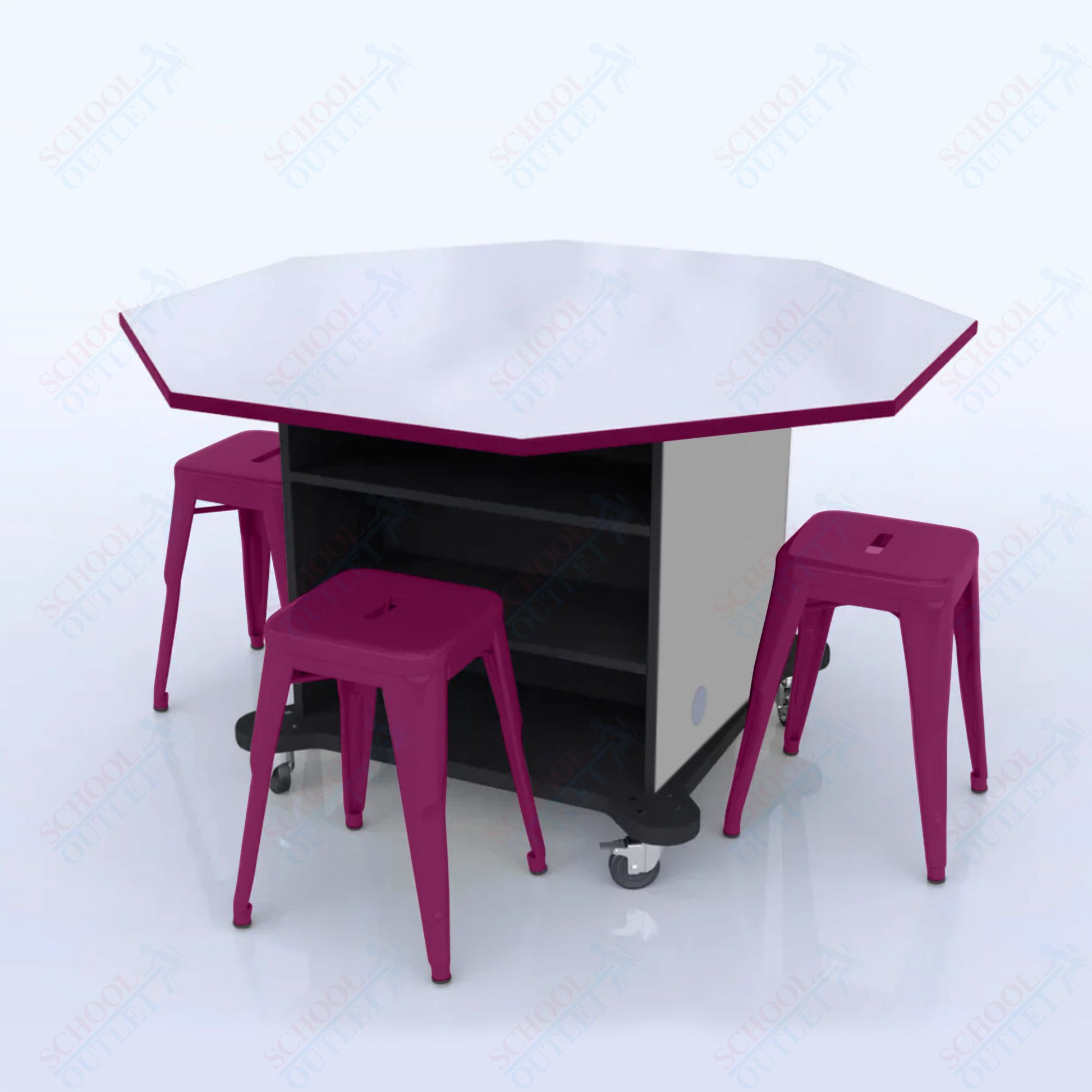 CEF Creation Cube Double - Sided Storage Table - 34"H, White Dry Erase Octagon Top, High - Pressure Laminate Base and 4 Metal Stools Included - SchoolOutlet