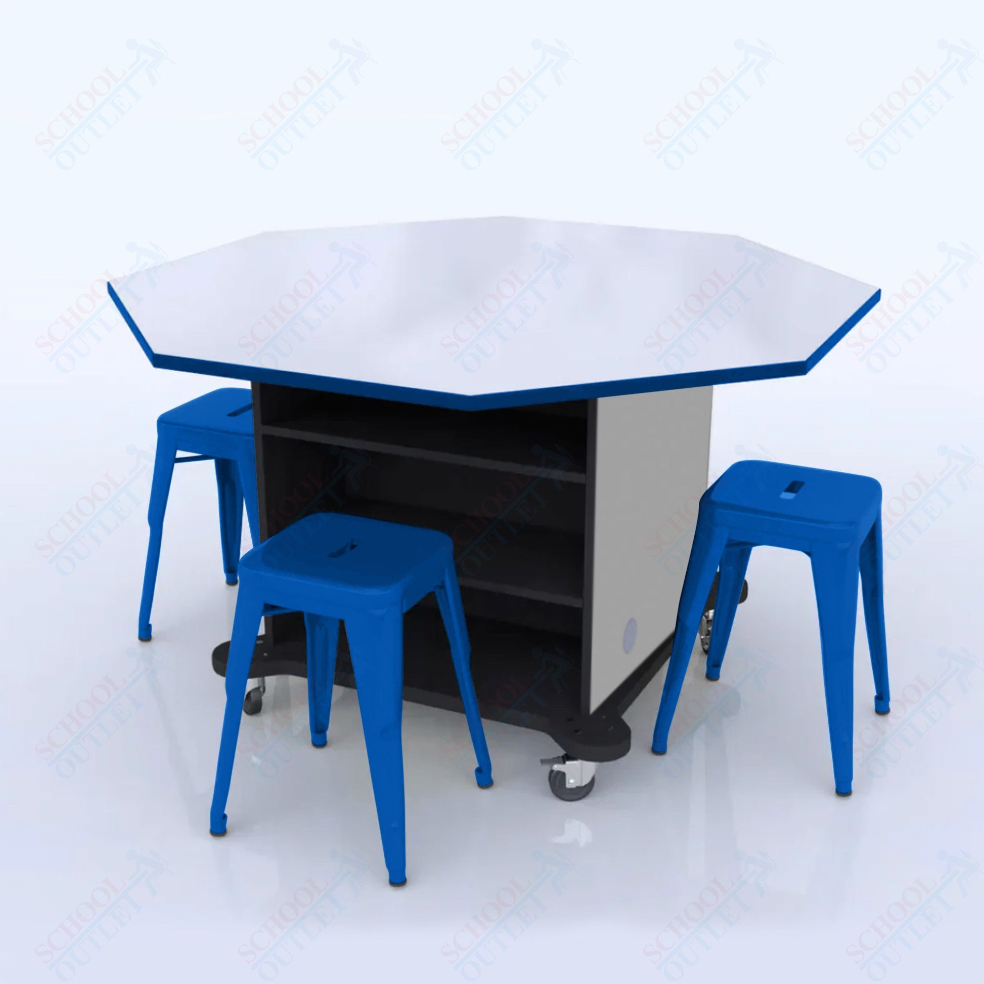 CEF Creation Cube Double - Sided Storage Table - 34"H, White Dry Erase Octagon Top, High - Pressure Laminate Base and 4 Metal Stools Included - SchoolOutlet